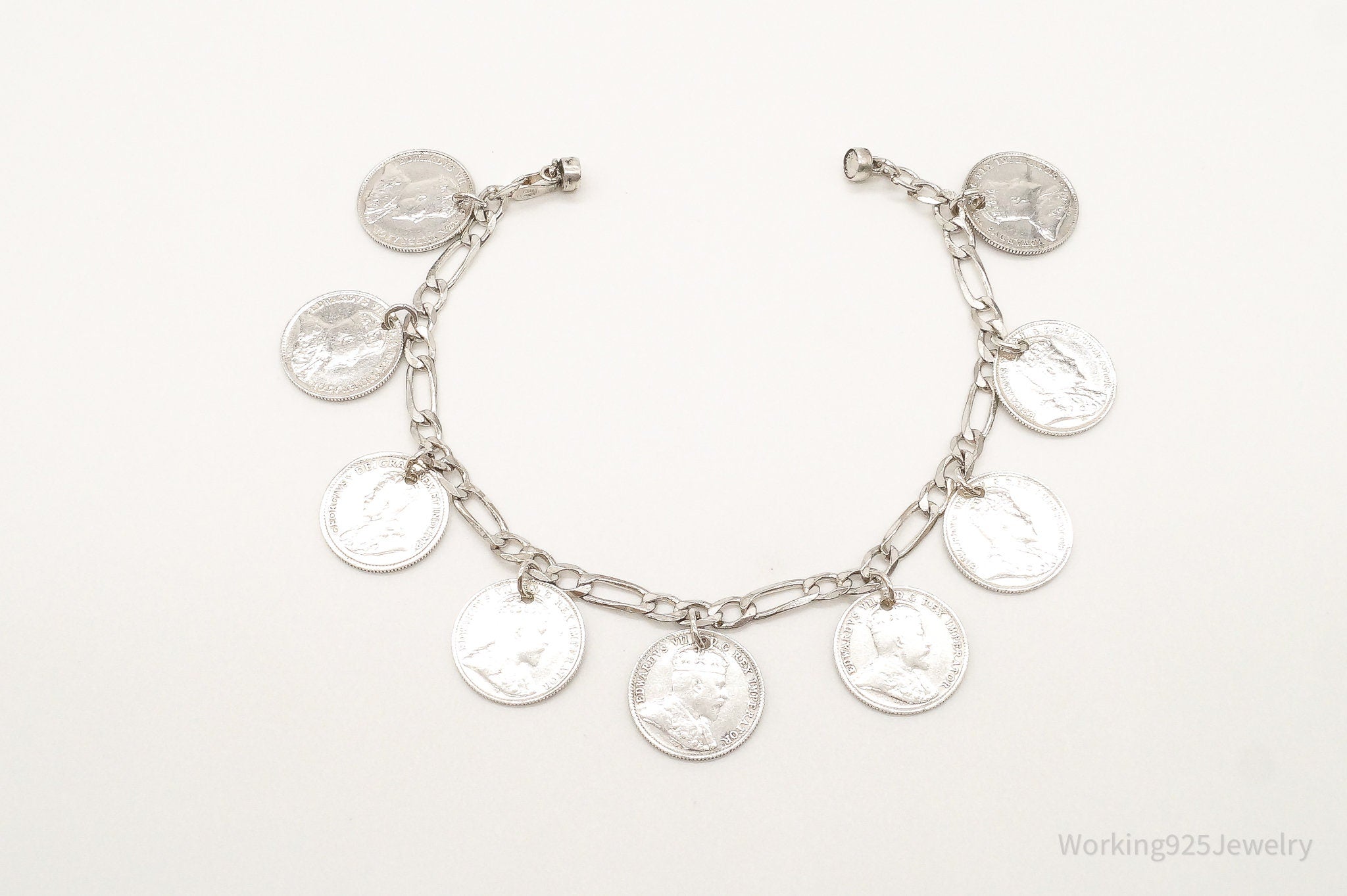 Rare Edward VII Coins Sterling Silver Chain Magnet Clasp Bracelet