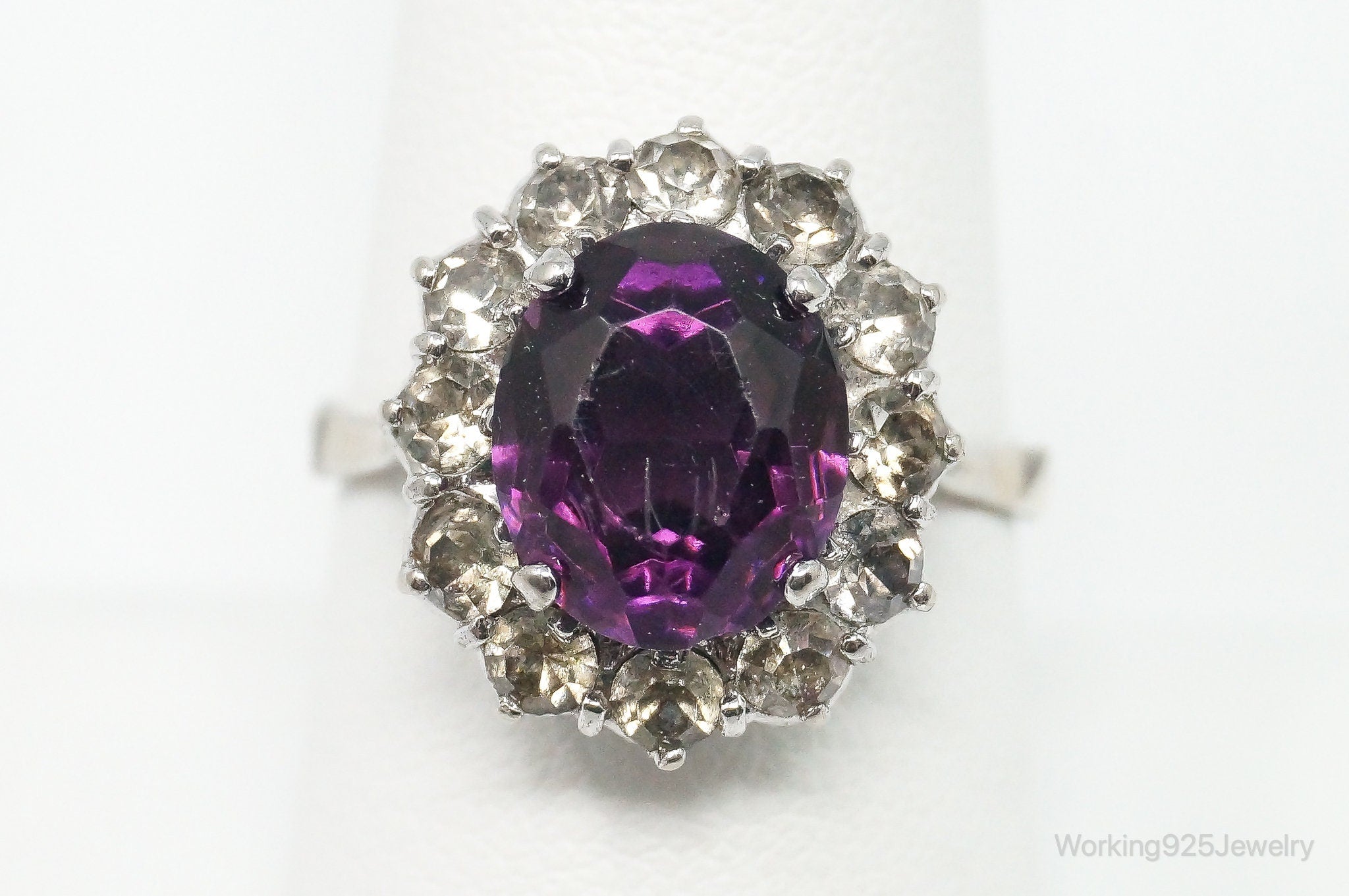 Antique Amethyst Rhinestone Sterling Silver Ring - Size 8.75