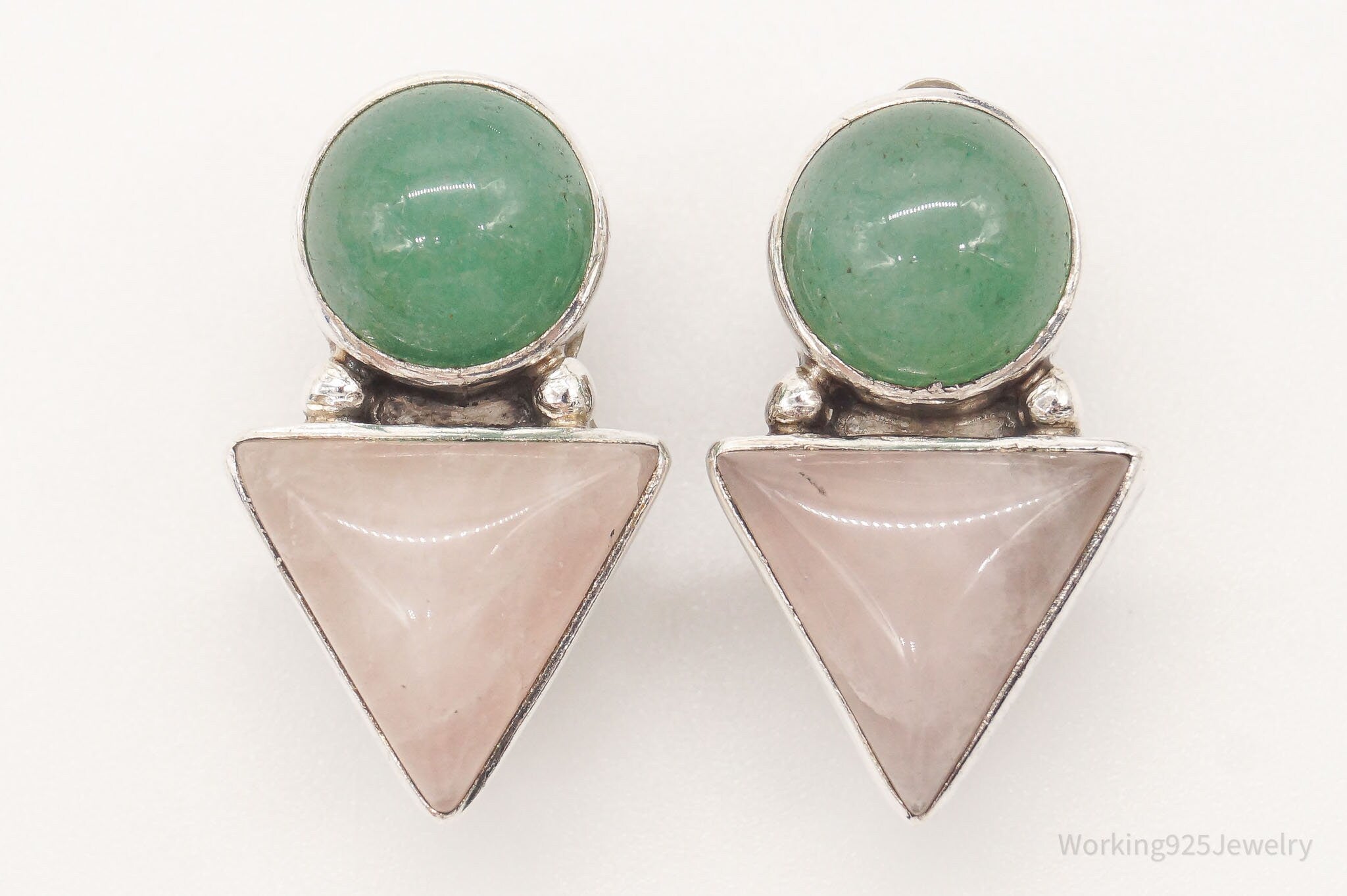 Vintage Designer Carol Felley Rose Quartz Aventurine Sterling Silver Earrings