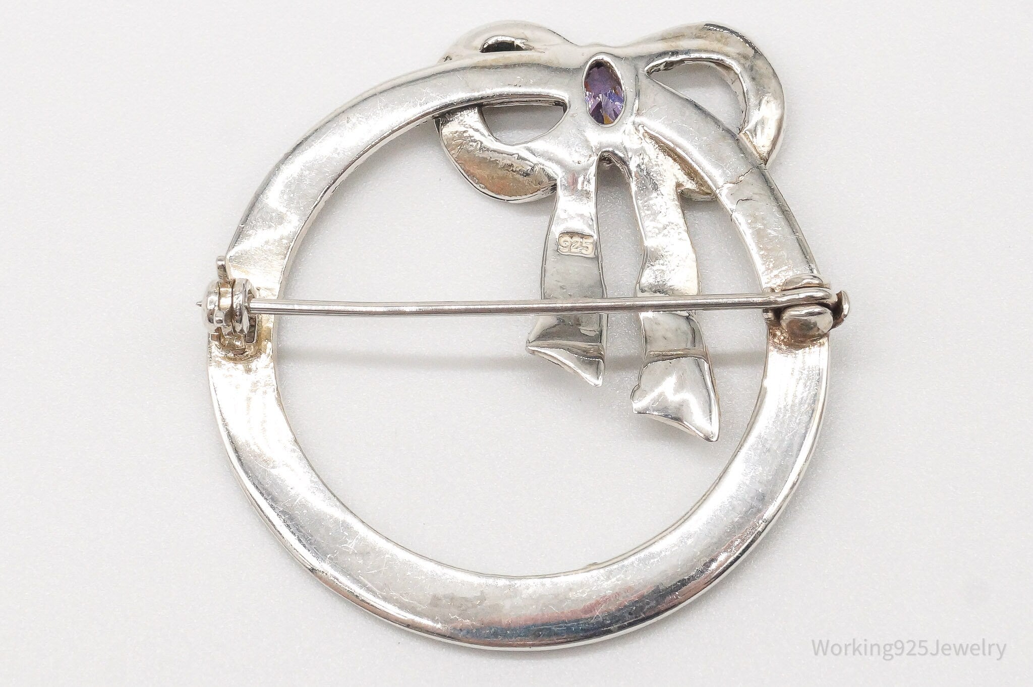 Vintage Amethyst Marcasite Bow Tie Wreath Sterling Silver Brooch Pin