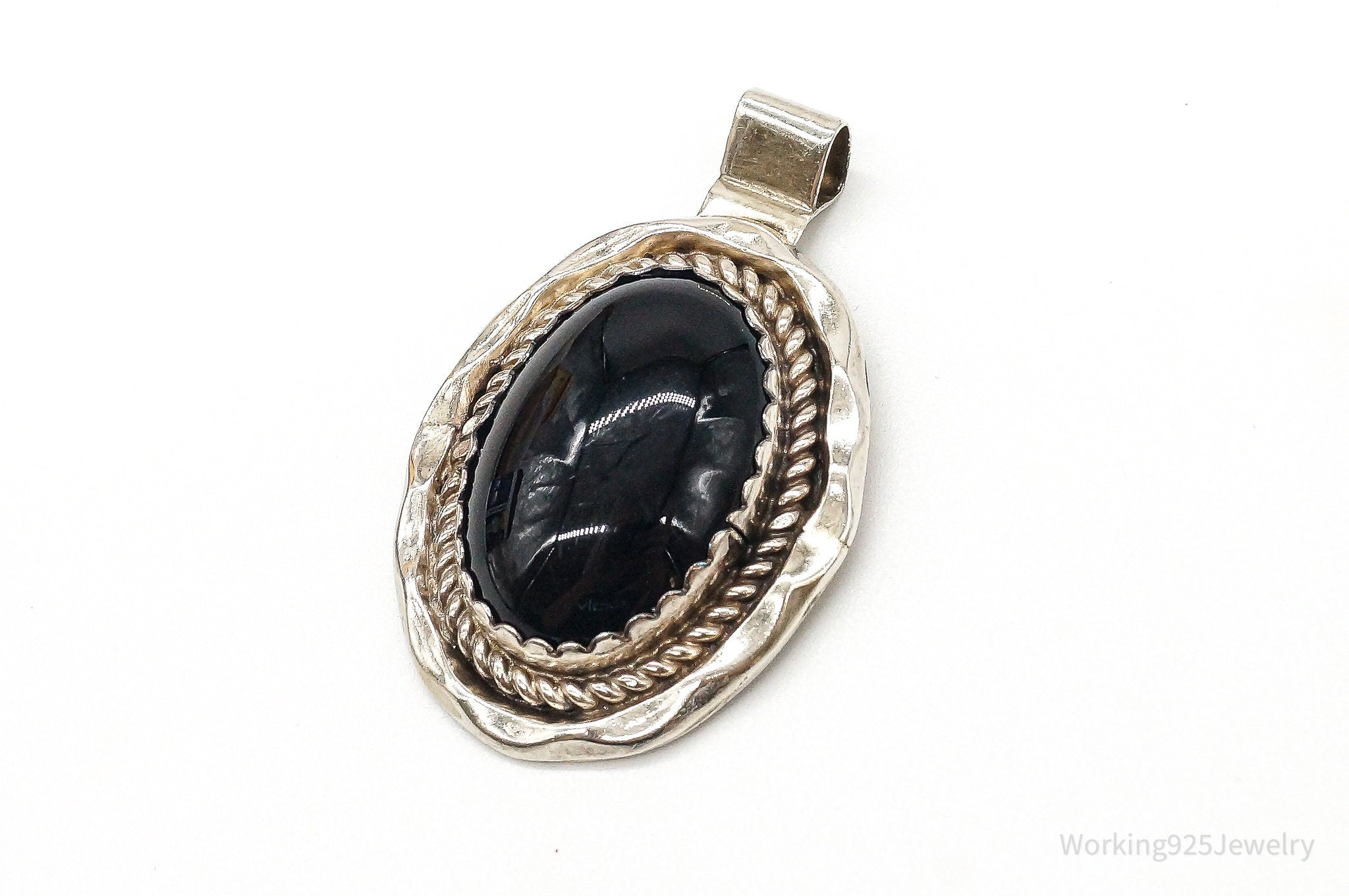 Large Vintage Native American Black Onyx Sterling Silver Pendant