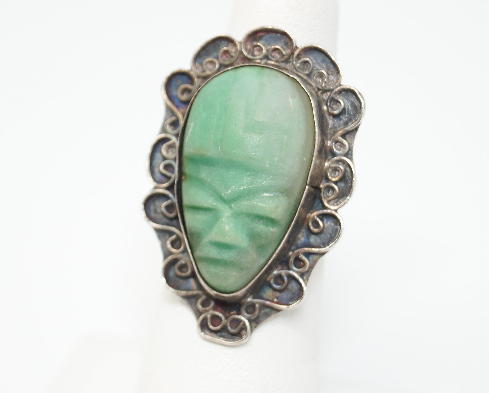 Vintage Aztec Sun God Face Carved Green Stone Sterling Silver Ring - Sz 5.75