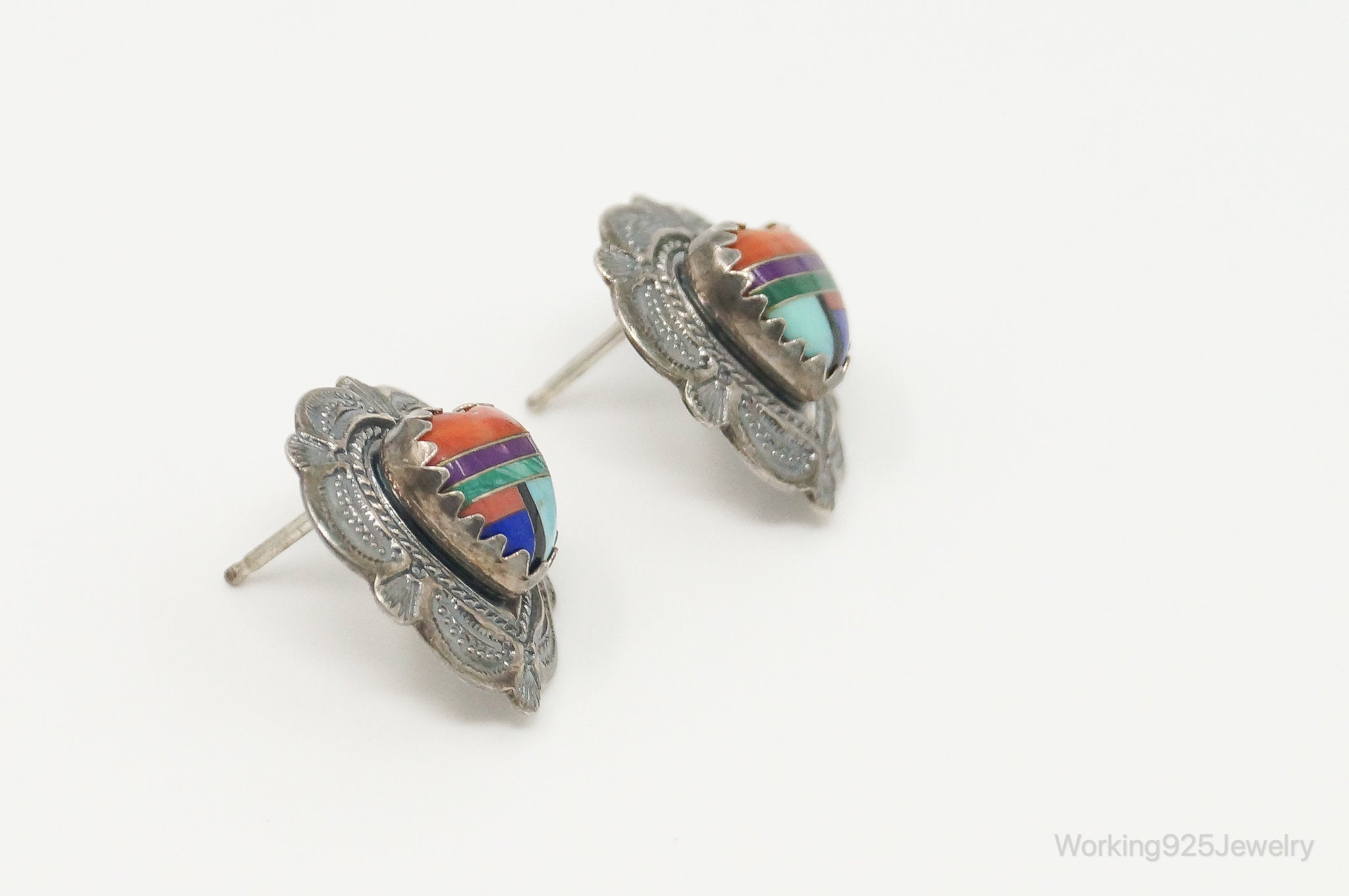 Vintage Handmade Southwestern Multi Gem Inlay Sterling Silver Earrings