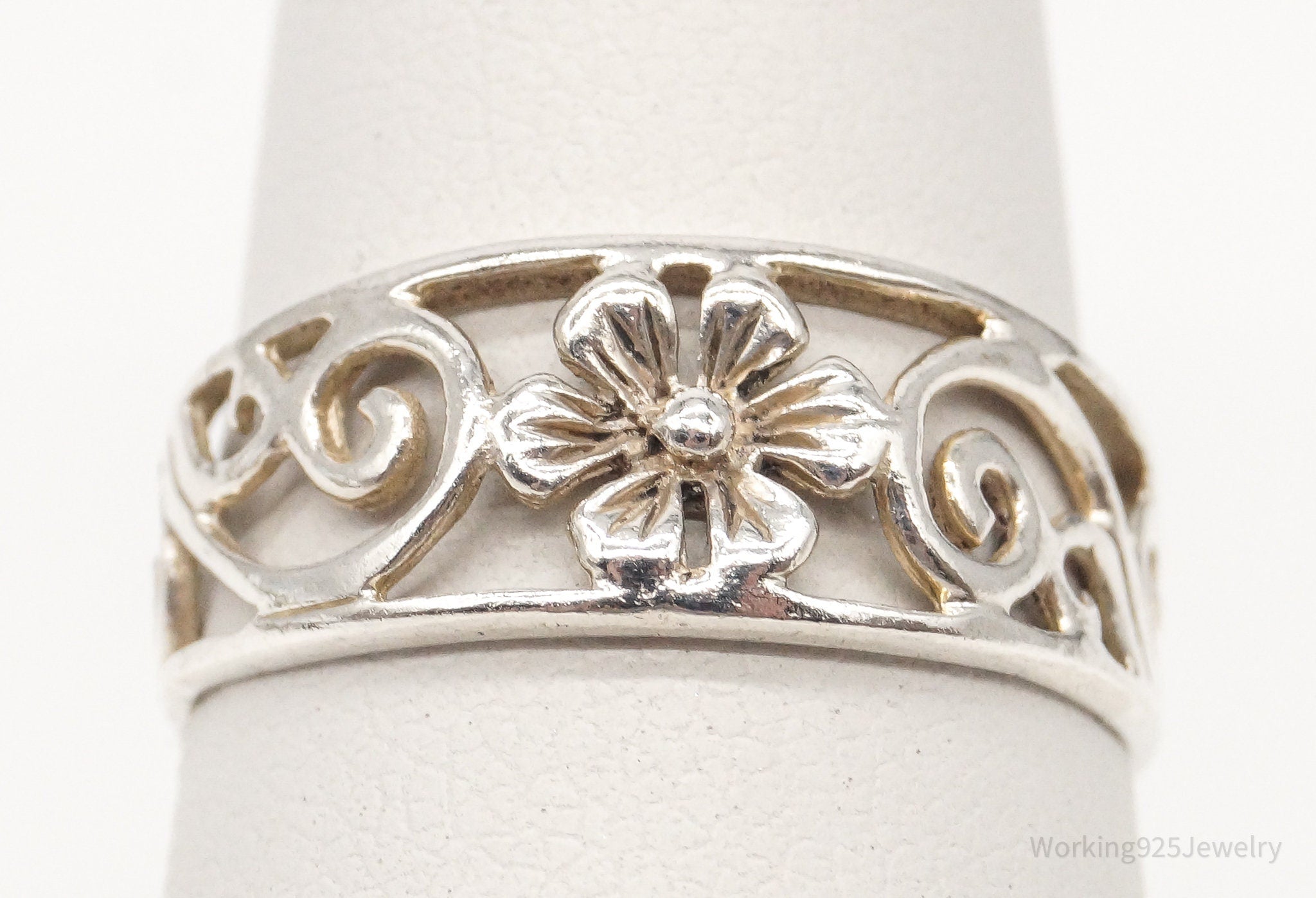 Vintage Flower Sterling Silver Band Ring - Size 6