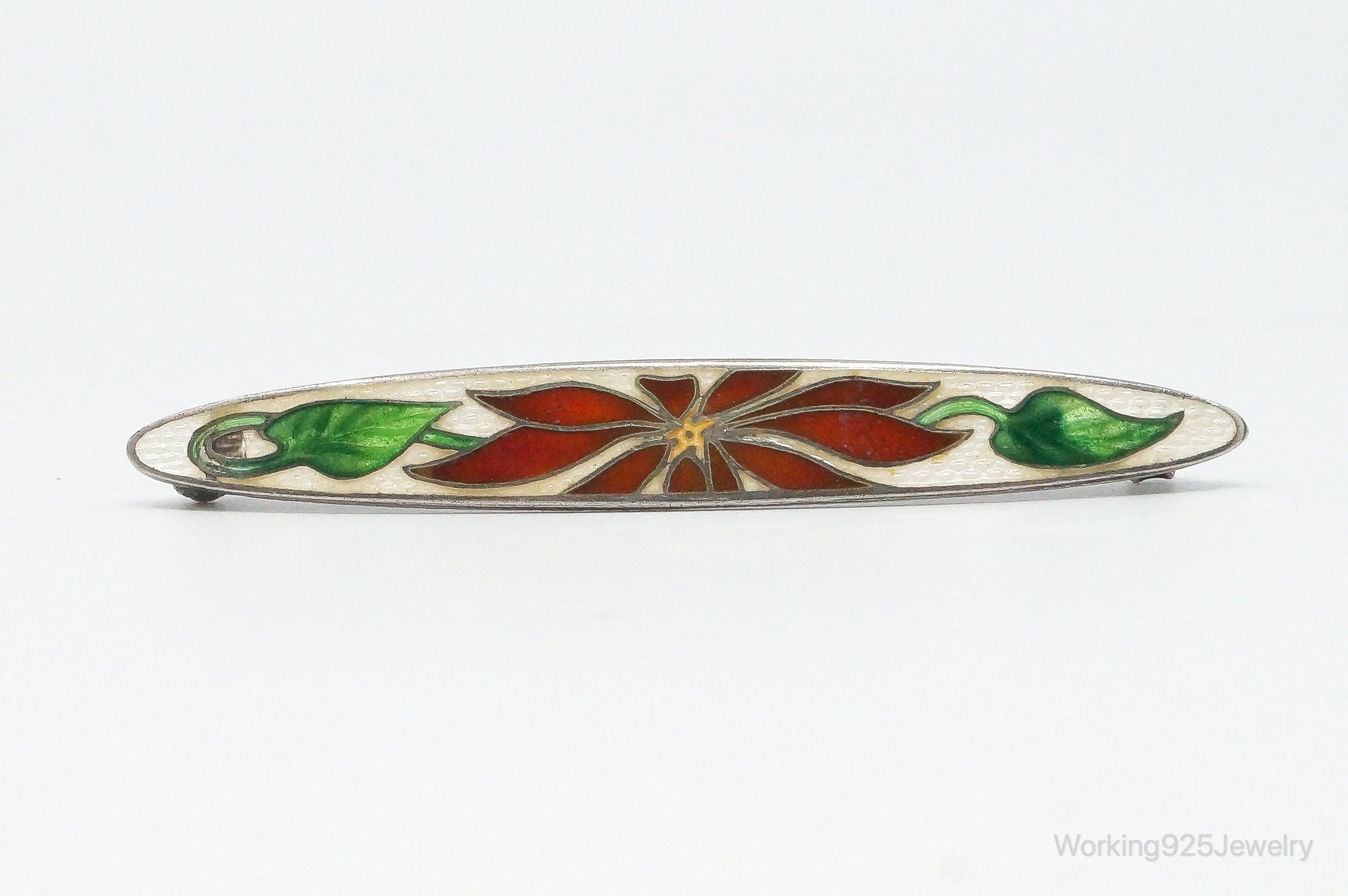 Antique Red Flower & Vine Enamel Scarf Sterling Silver Brooch Pin