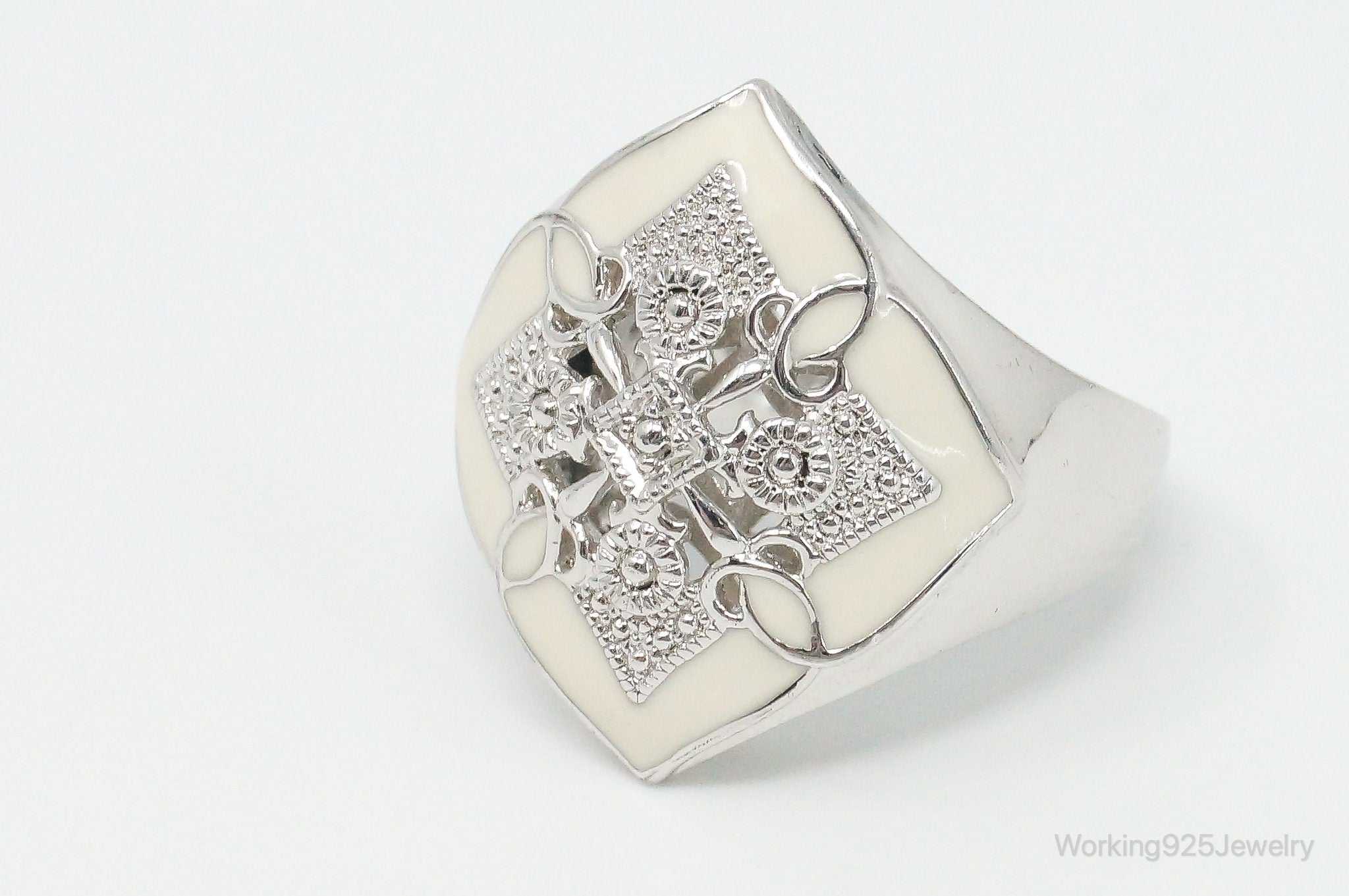 Vintage Designer Art Deco White Enamel Sterling Silver Ring - Size 7.25