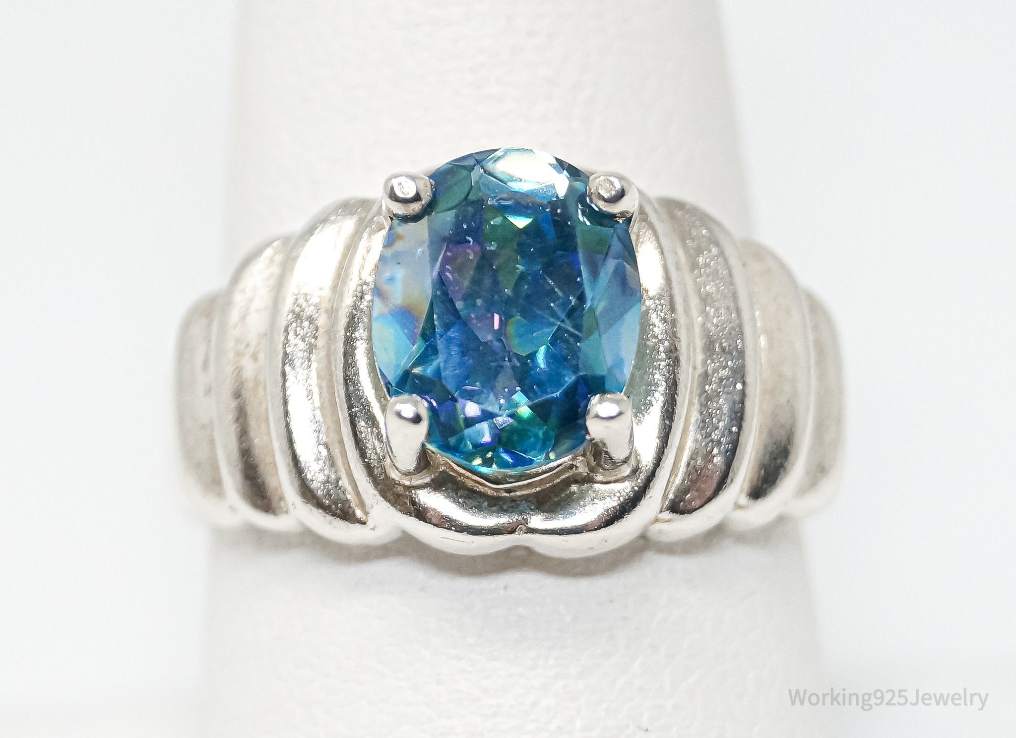 Vintage Art Deco Blue Topaz Sterling Silver Ring - Sz 8.75