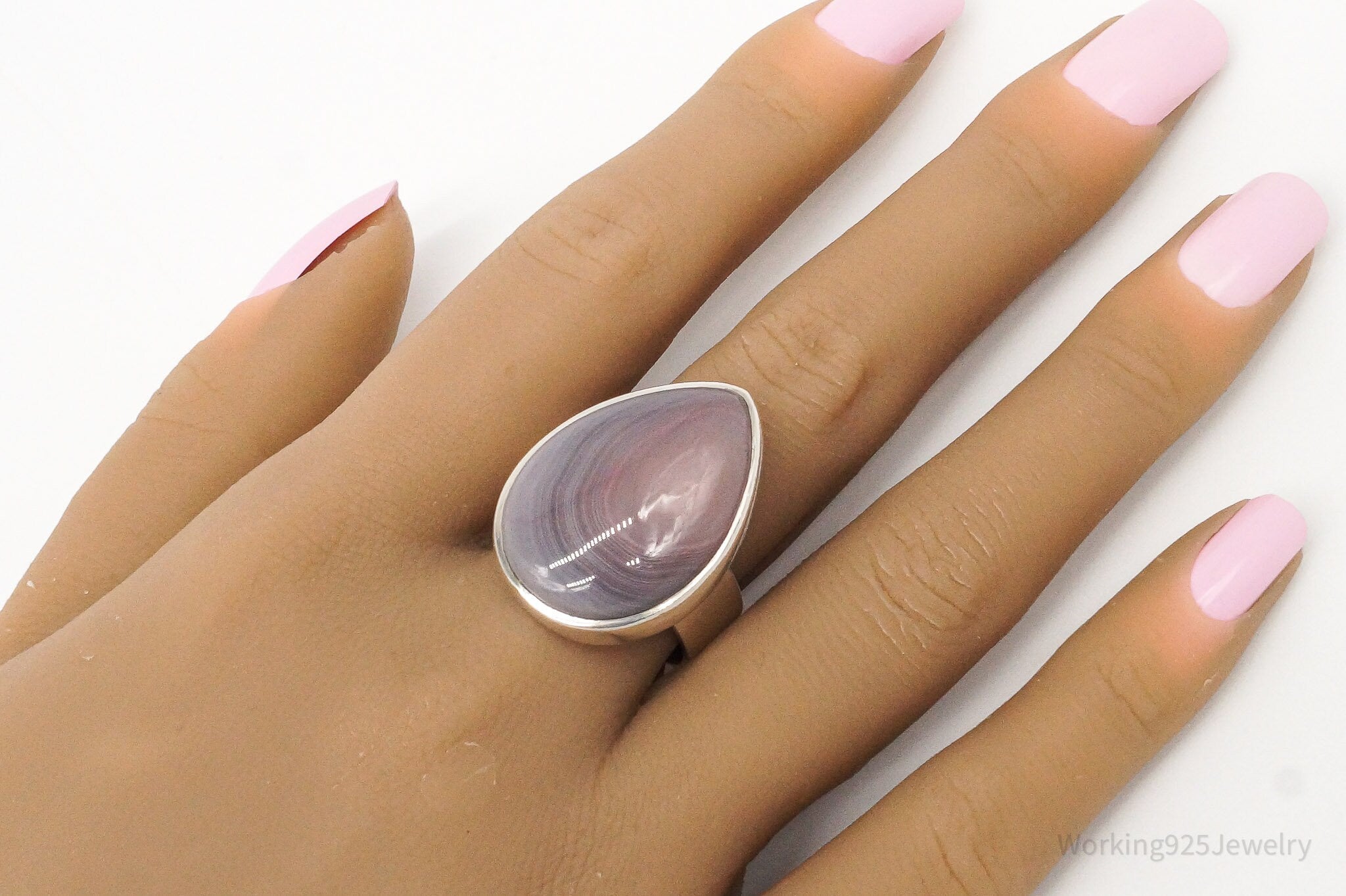 Vintage Lace Agate Sterling Silver Ring - Size 8.5 Adjustable