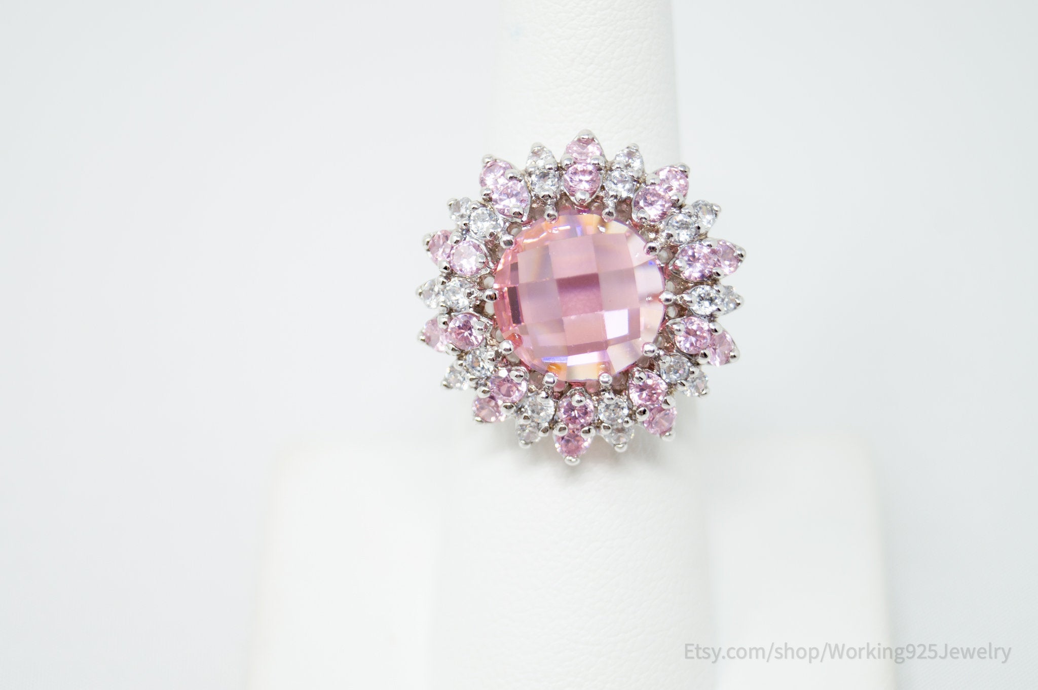 Vintage Art Deco Style Pink Topaz CZ Cluster Sterling Silver Ring - Size 6.75