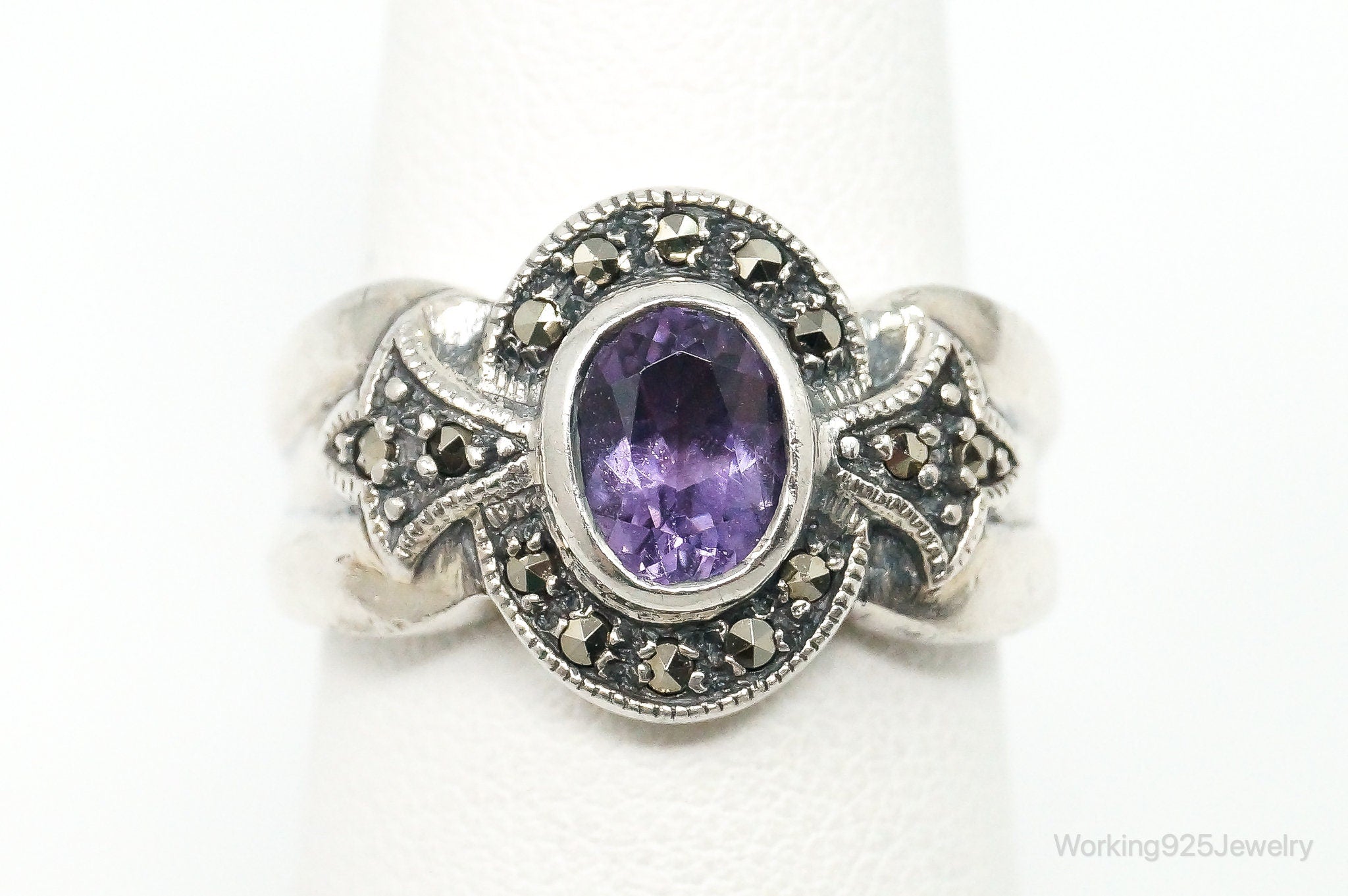 Vintage Art Deco Amethyst Marcasite Sterling Silver Ring - Size 6.5