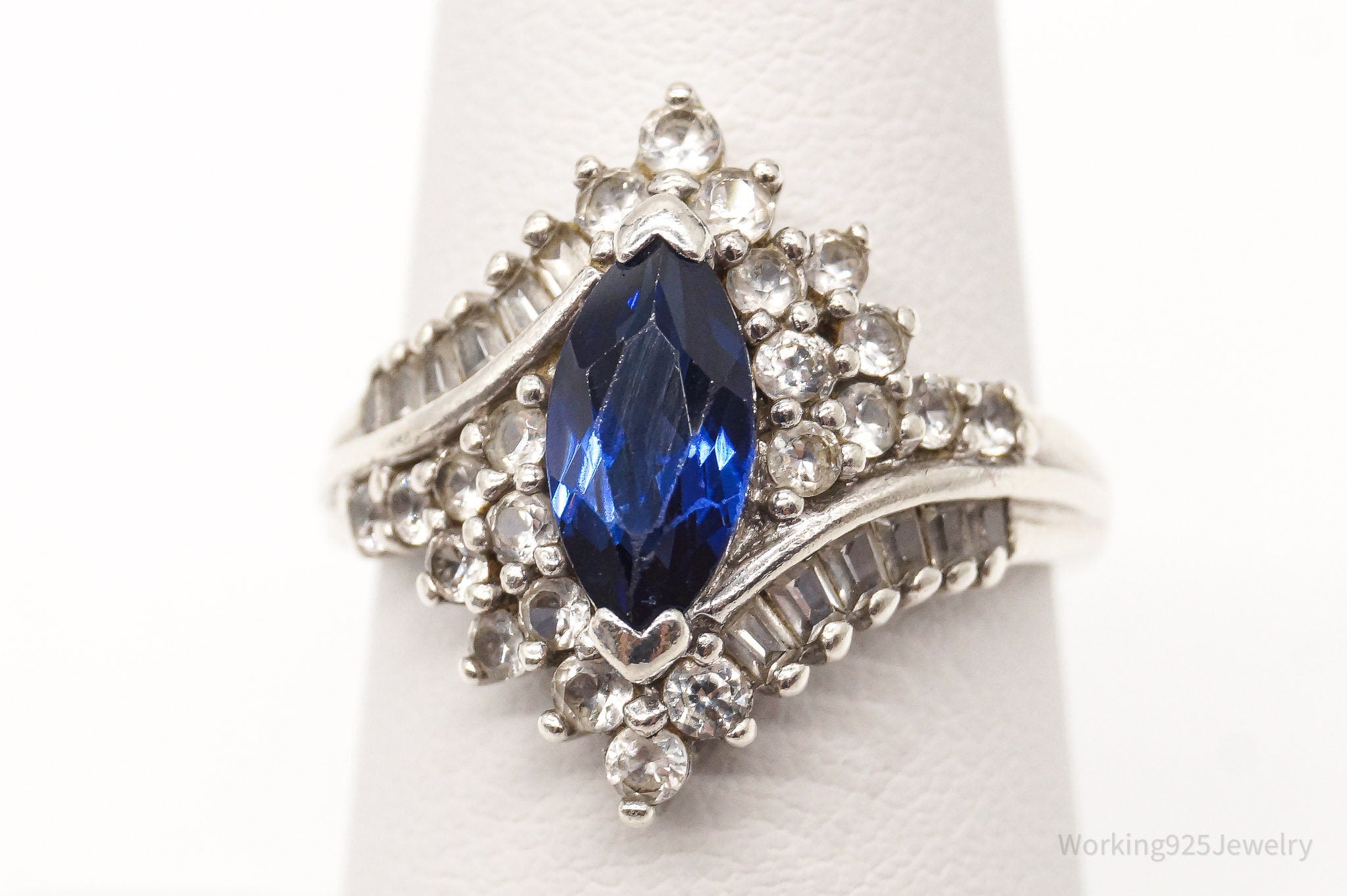 Vintage Lab Sapphire Cubic Zirconia Sterling Silver Ring - Size 7