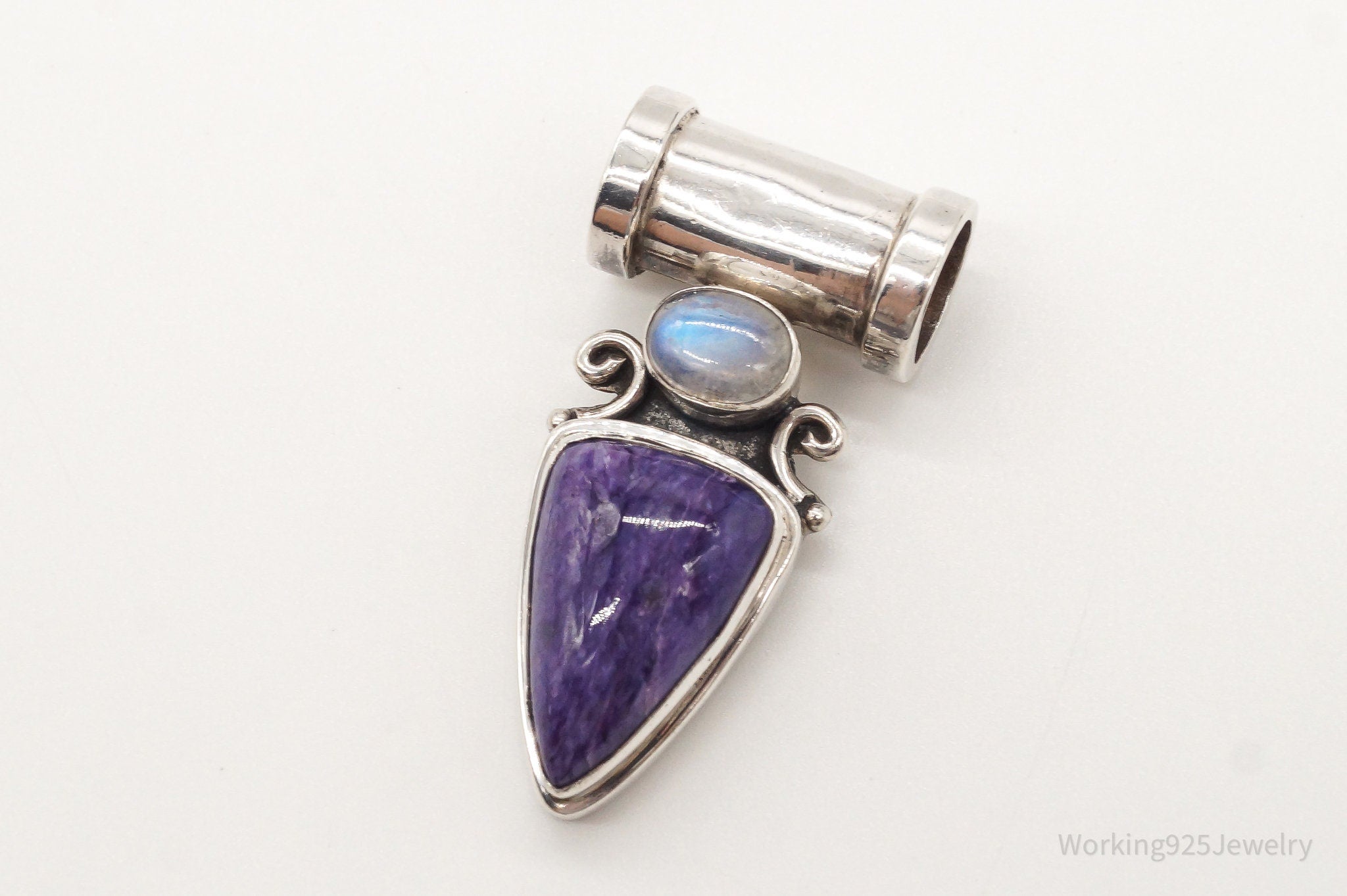 Large Vintage Charoite Moonstone Sterling Silver Pendant