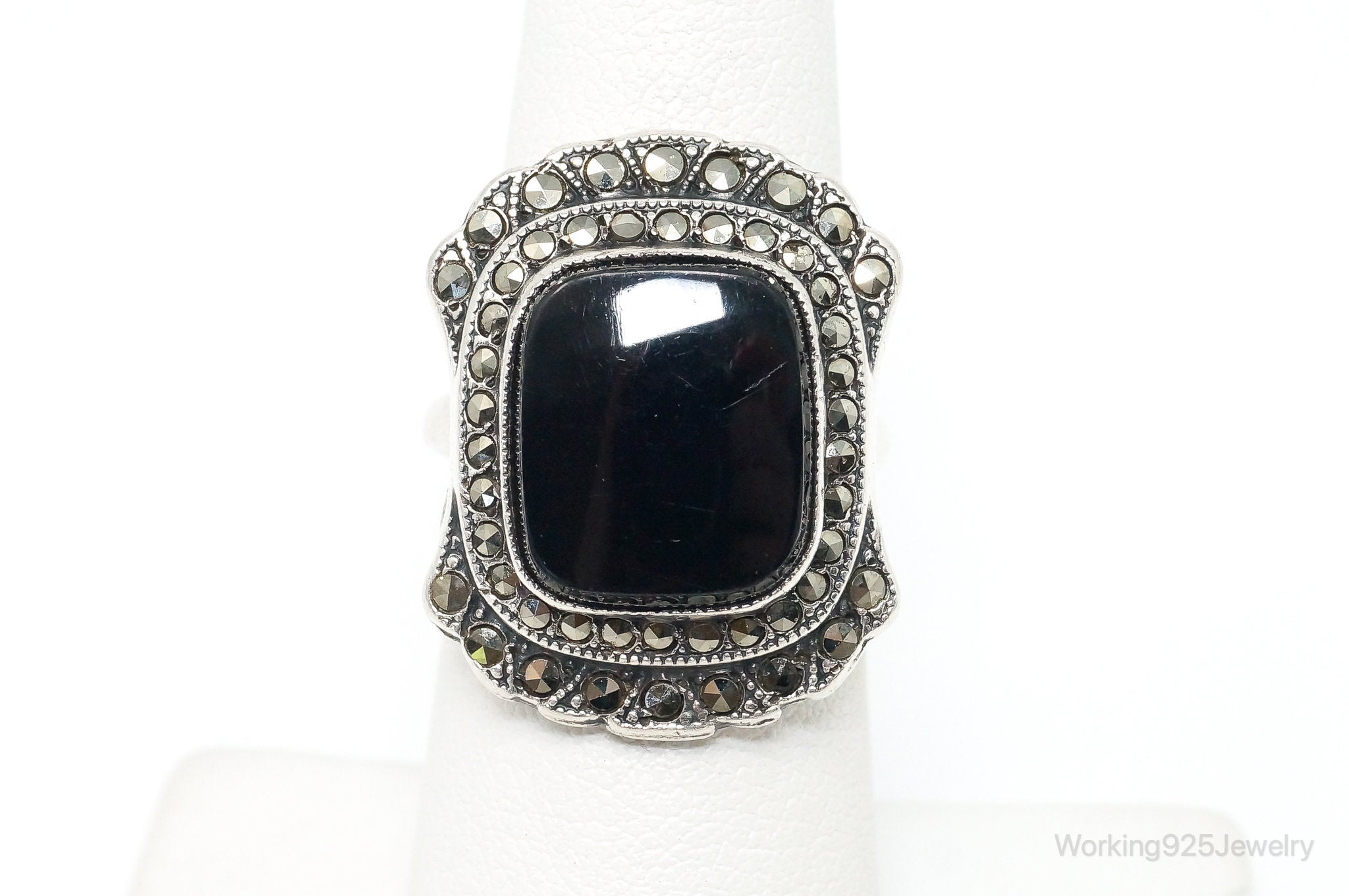 Antique Designer Uncas MFG CO Black Onyx Marcasite Sterling Silver Ring SZ 6.5