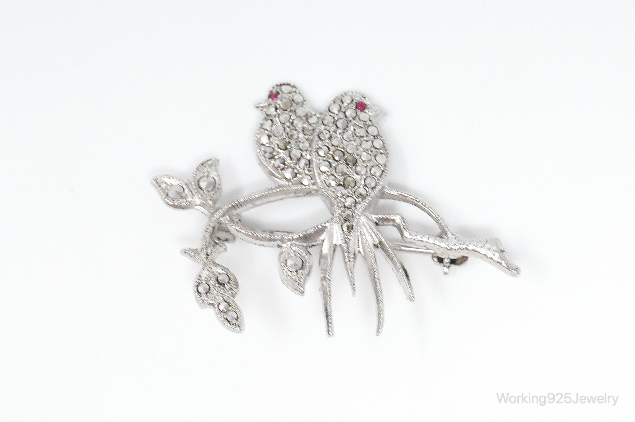 Vintage Birds On Branch Pink Gemstones Hematite Sterling Silver Pin Brooch