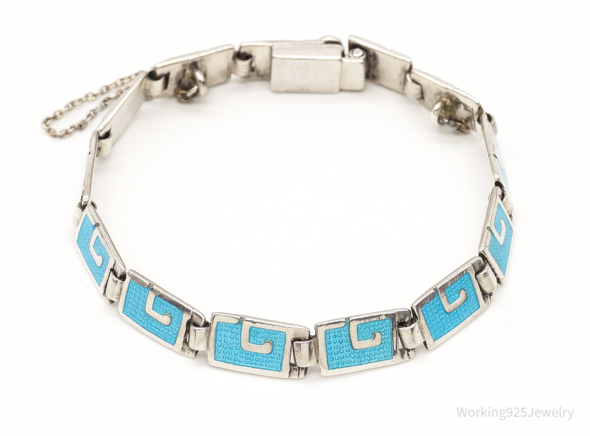 Rare Vintage MARGOT DE TAXCO Blue Enamel Link Sterling Silver Bracelet