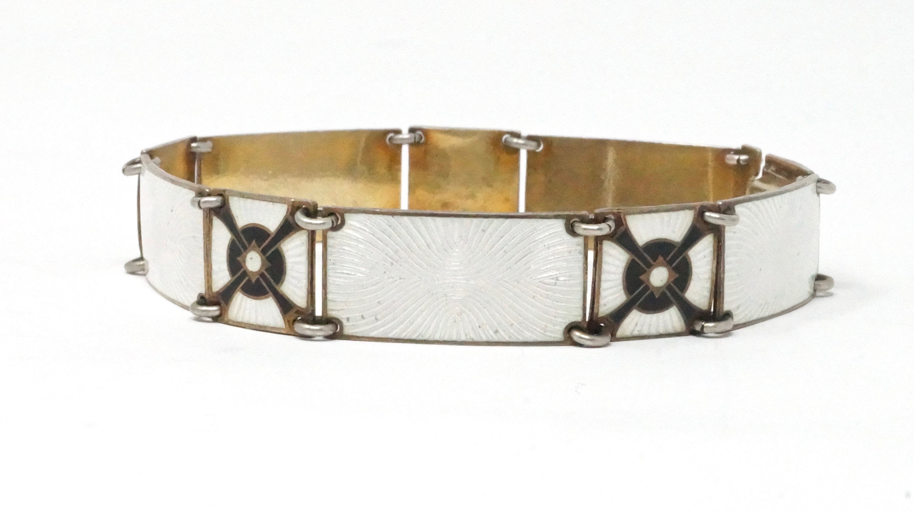 Kristian Hestenes Guilloche White Enamel Gold Panel Sterling Silver Bracelet