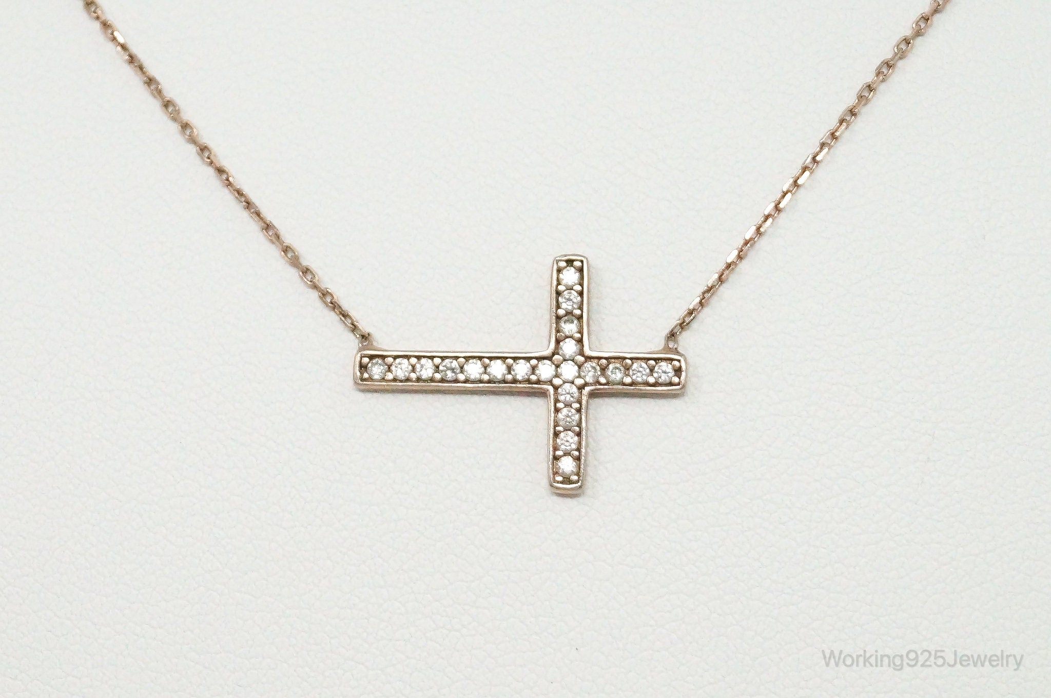 Vintage Cubic Zirconia Rose Gold Vermeil Sterling Silver Cross Necklace