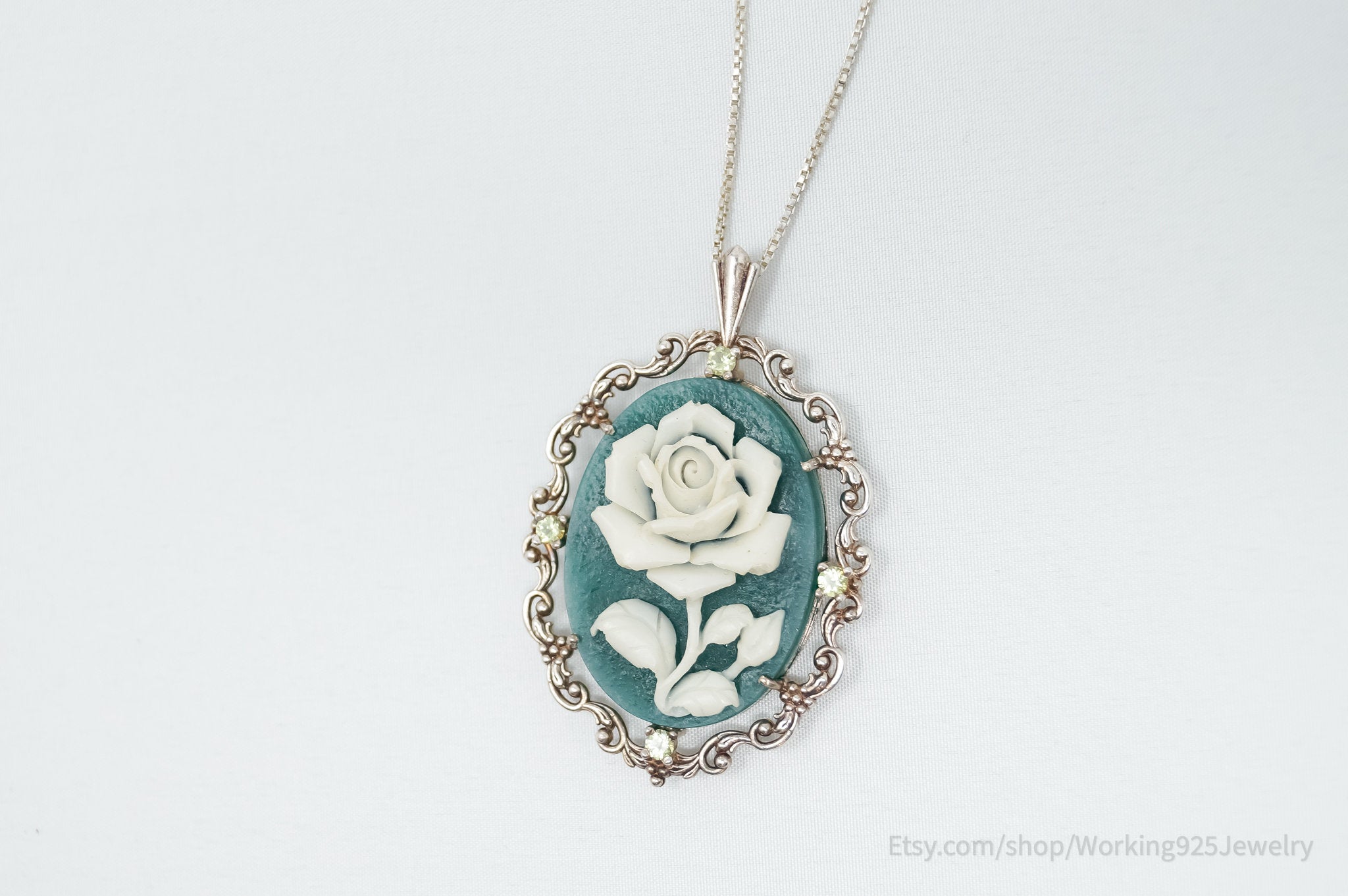 Vintage Carved Flower Dyed Fossil Sterling Silver Necklace