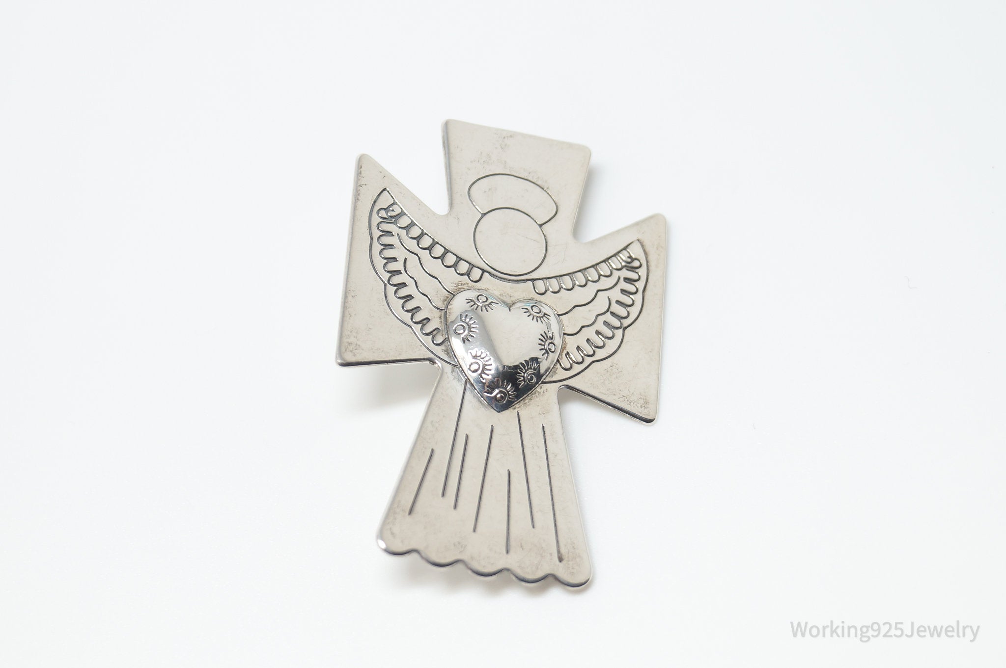 Vintage Carolyn Pollack Guardian Angel Cross Sterling Silver Pendant Brooch Pin