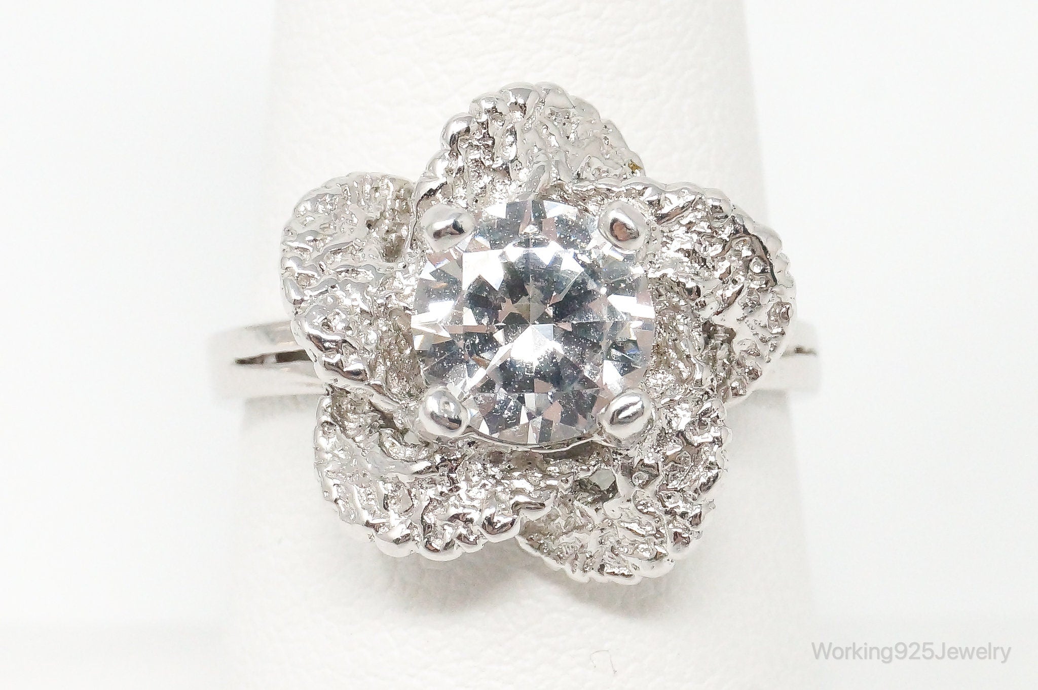 Vintage Large Cubic Zirconia Floral Sterling Silver Ring - Size 8