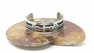 Vtg Native American Yei Bi Chei Turquoise Coral Sterling Silver Cuff Bracelet