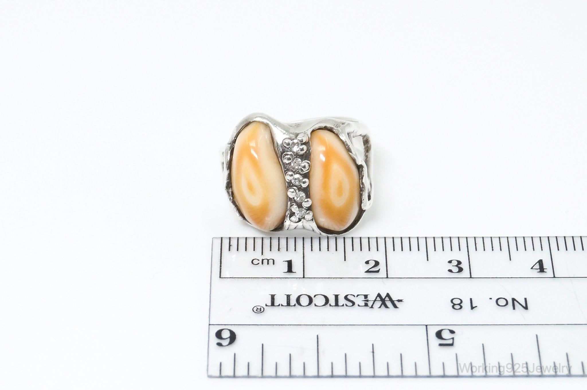 Vintage Creamy Shell Cubic Zirconia Sterling Silver Ring - SZ 6