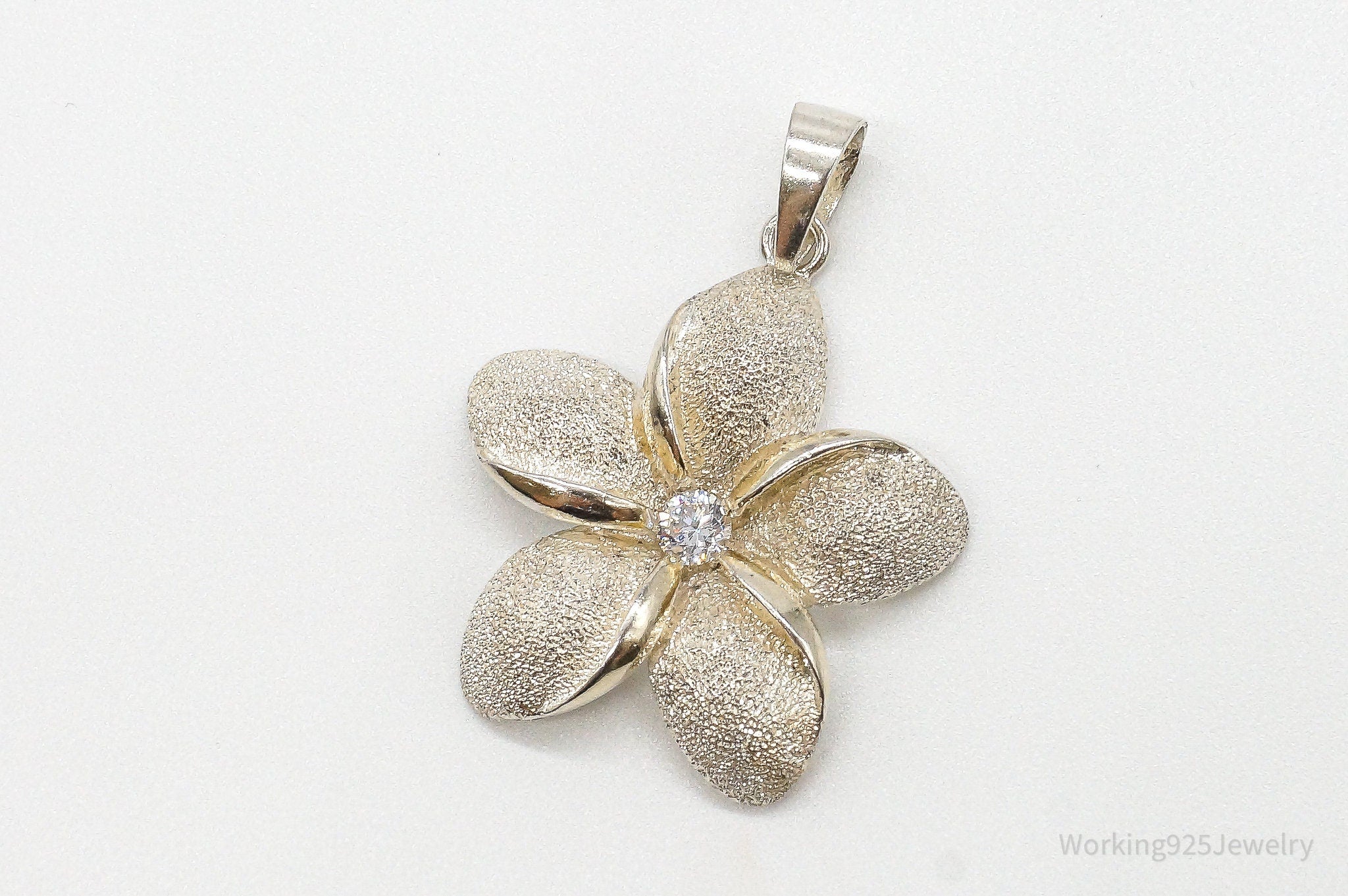 Large Vintage Cubic Zirconia Flower Sterling Silver Pendant