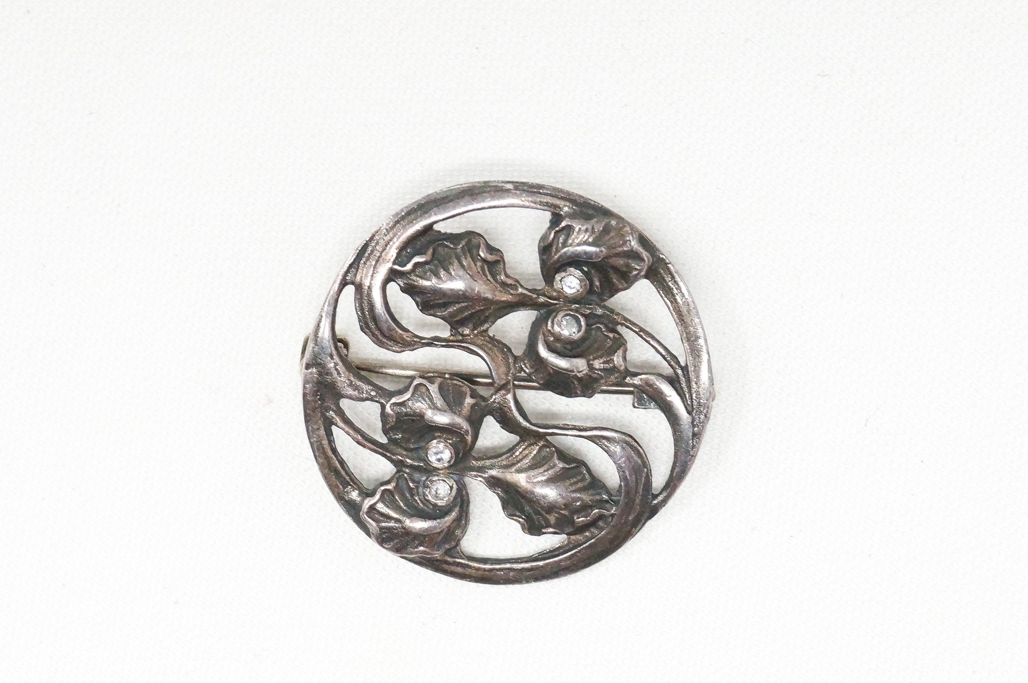 Antique Art Nouveau Motif Floral CZ Sterling Silver Brooch Pin