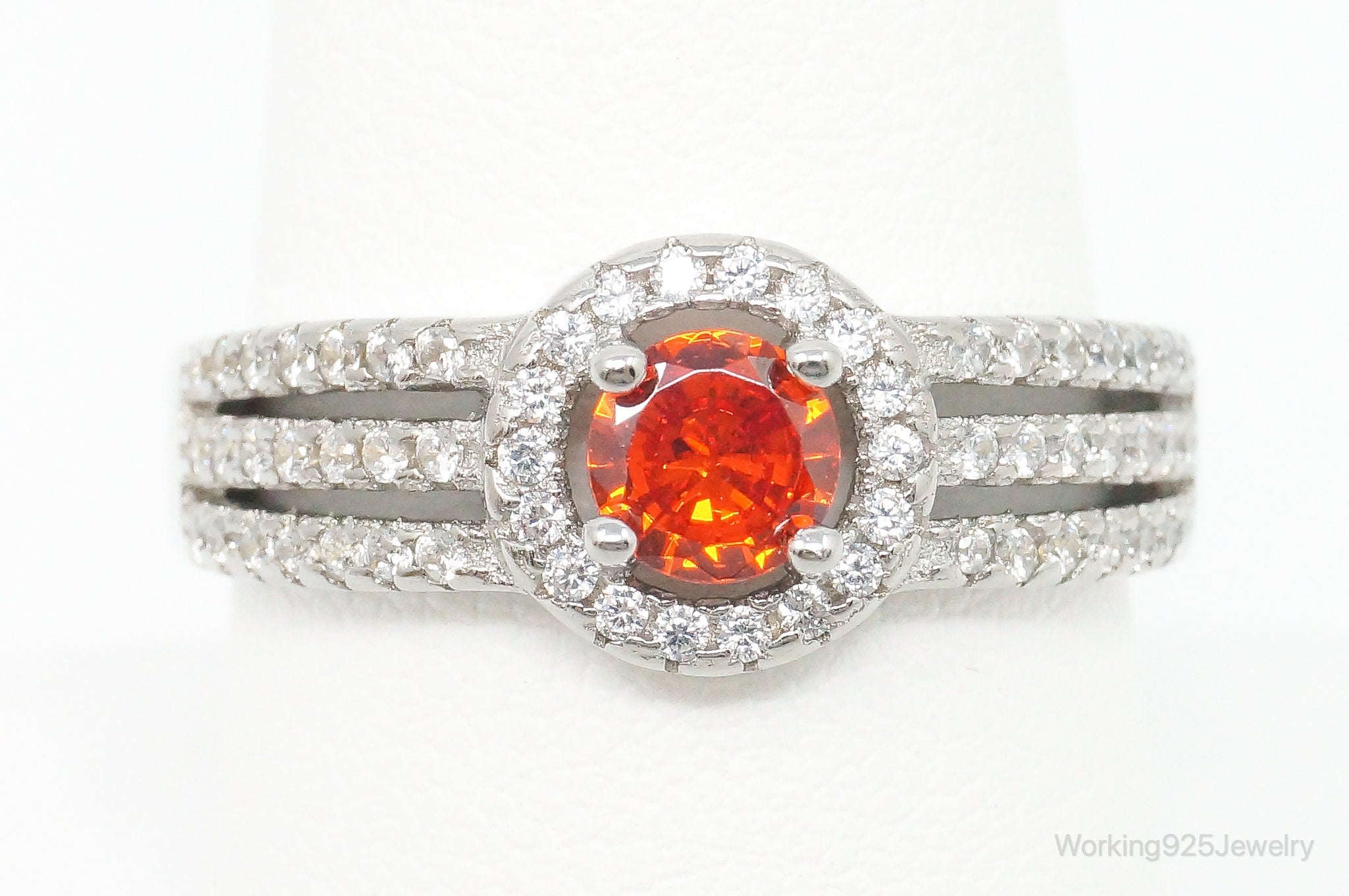 Orange & White Cubic Zirconia Sterling Silver Ring - Size 9