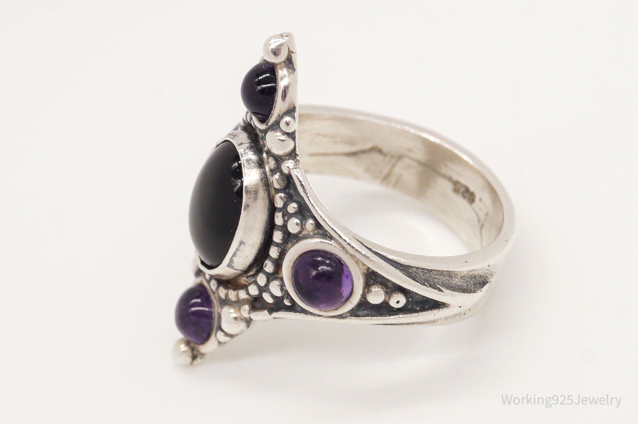 Vintage Amethyst Black Onyx Sterling Silver Ring - Size 6.25