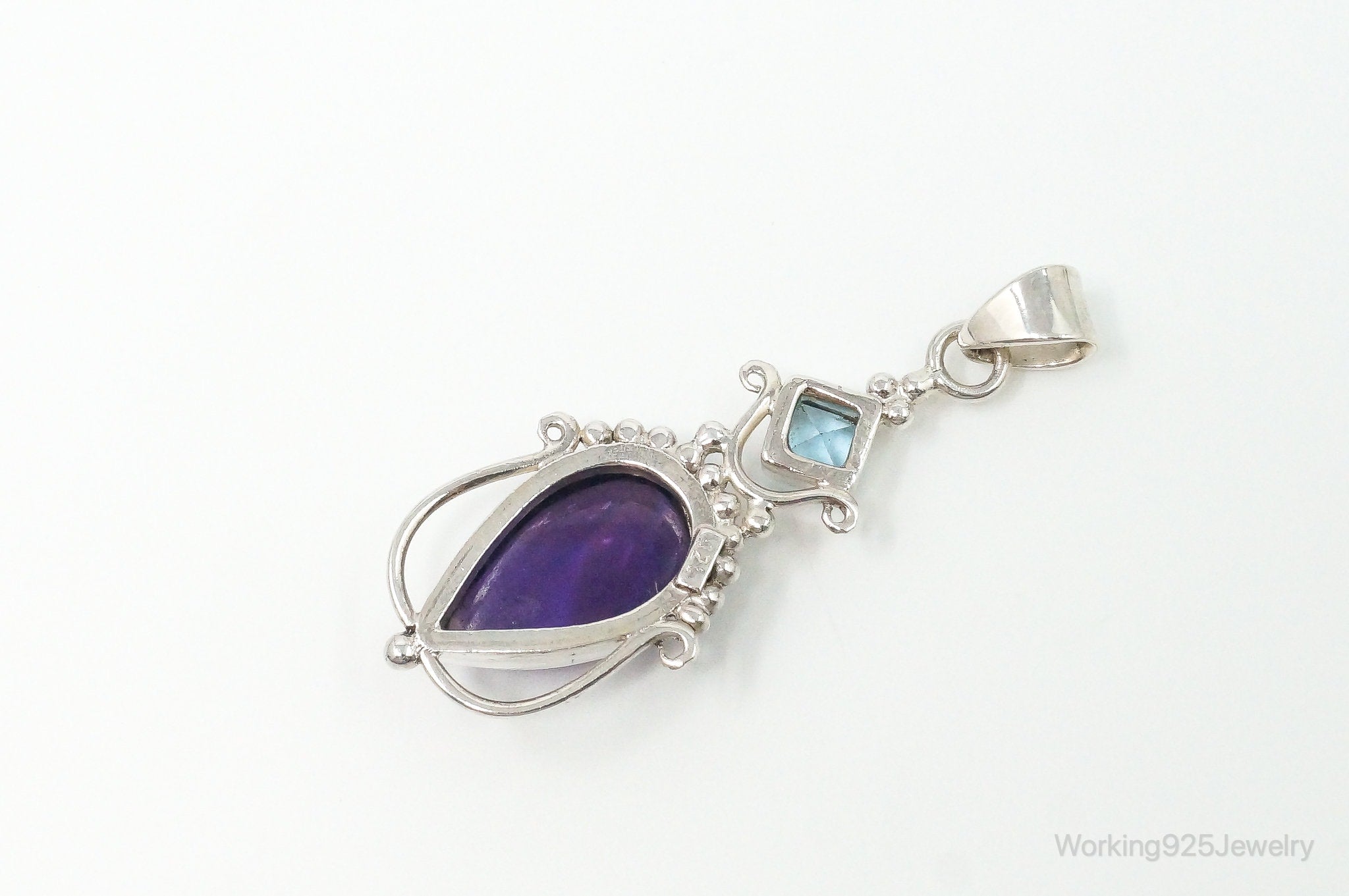 Large Vintage Blue Topaz Amethyst Sterling Silver Pendant