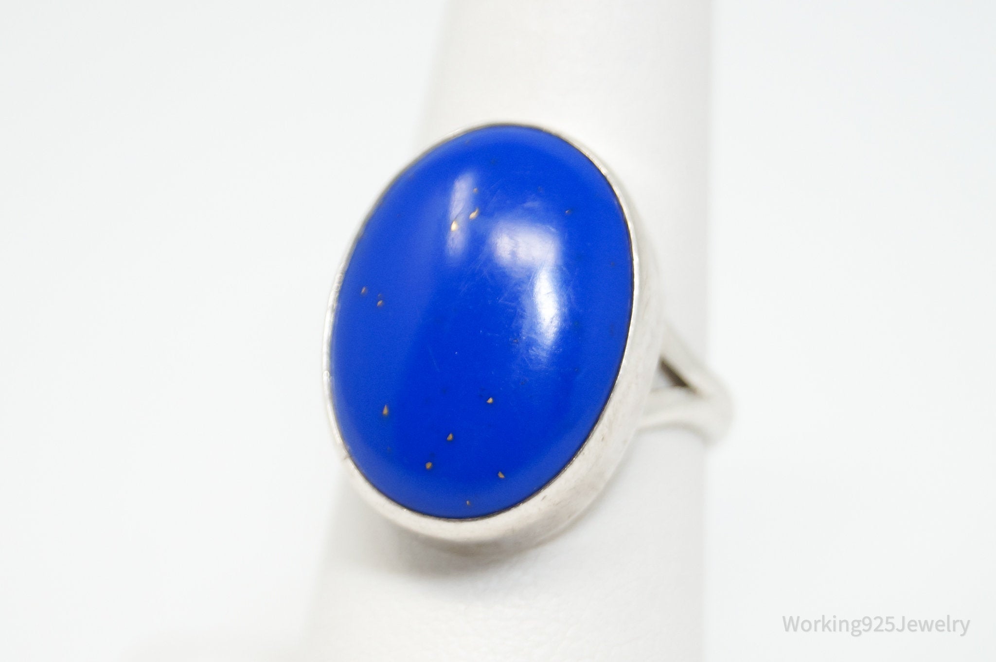 Vintage Blue Lapis Lazuli Cabochon Sterling Silver Statement Ring - Sz 7.25