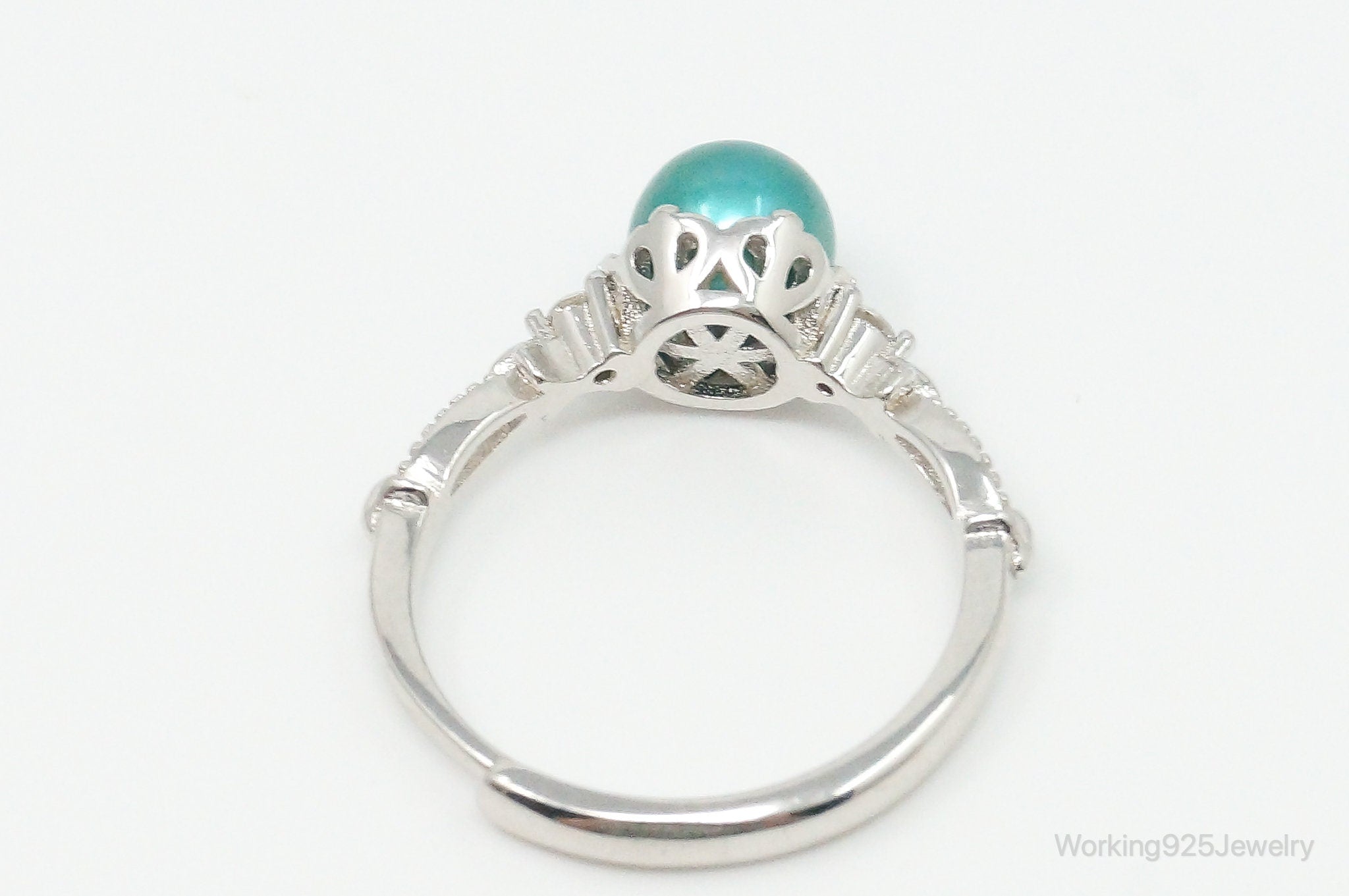 Lab Turquoise Pearl Cubic Zirconia Sterling Silver Ring Size - 6.25 Adjustable