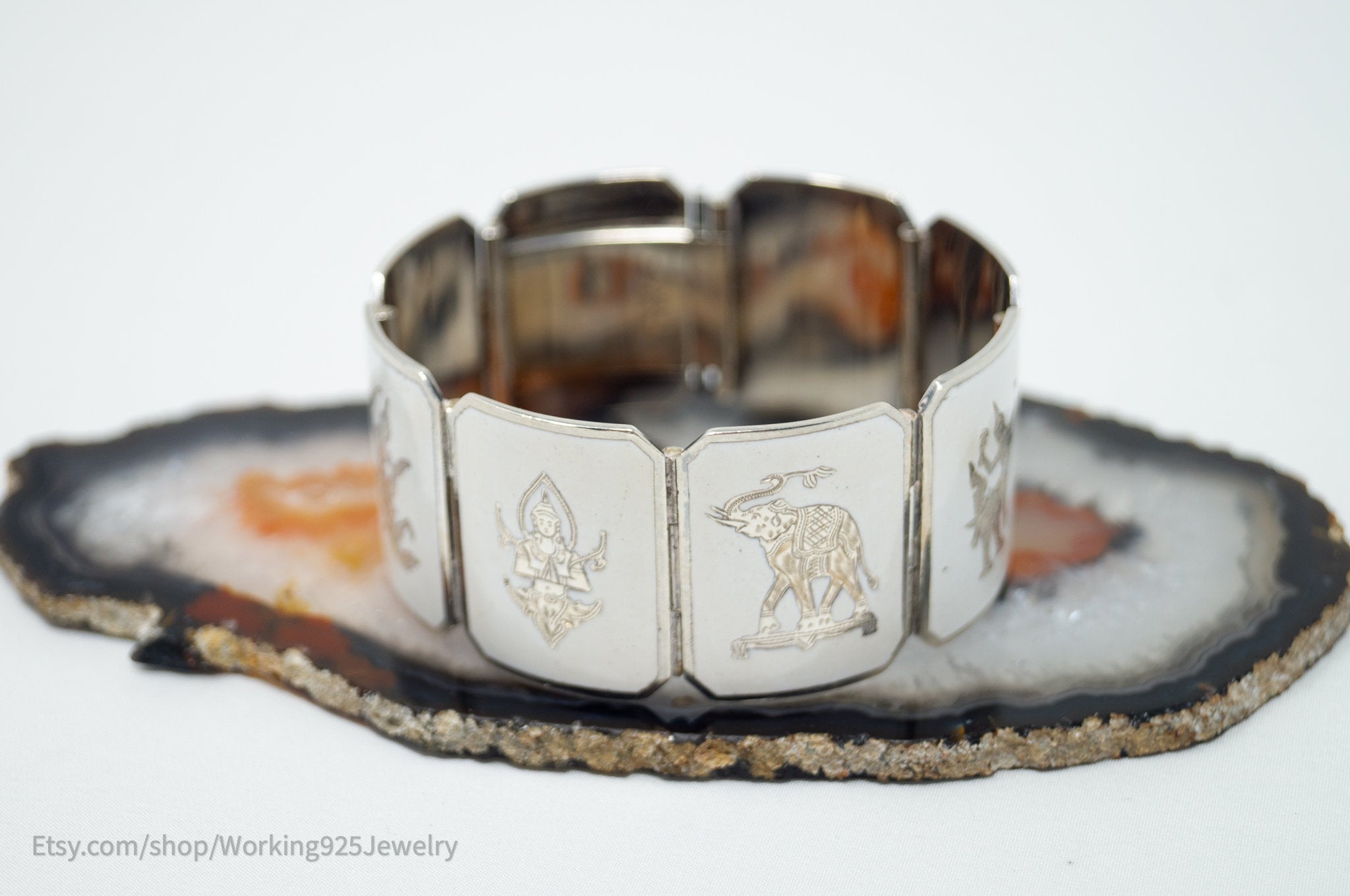 Rare Vintage Siam Niello Sterling Silver Dancer Panel White Enamel Bracelet