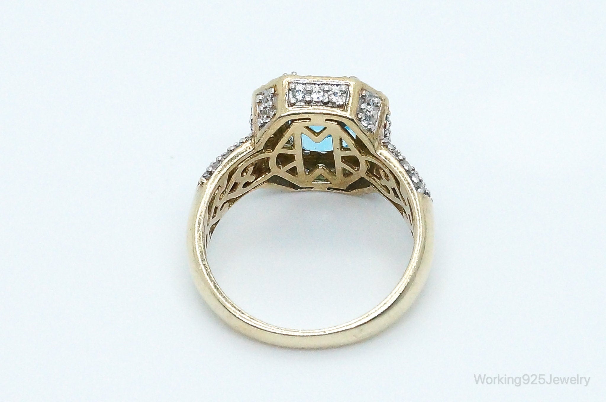 Vintage Blue Topaz Cubic Zirconia Gold Vermeil Sterling Silver Ring - Size 10