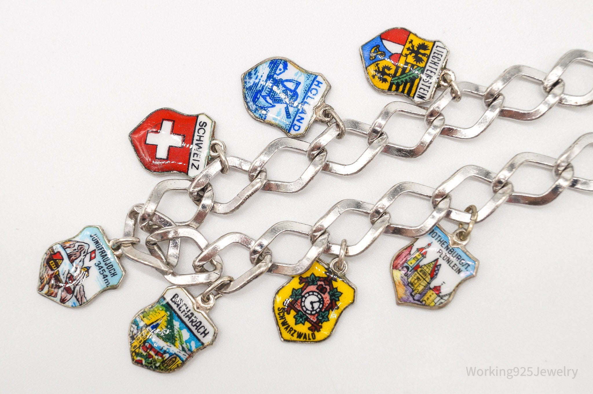 Antique Vintage Enamel Travel 800 / 835 Silver Shield Charms Silver Bracelet