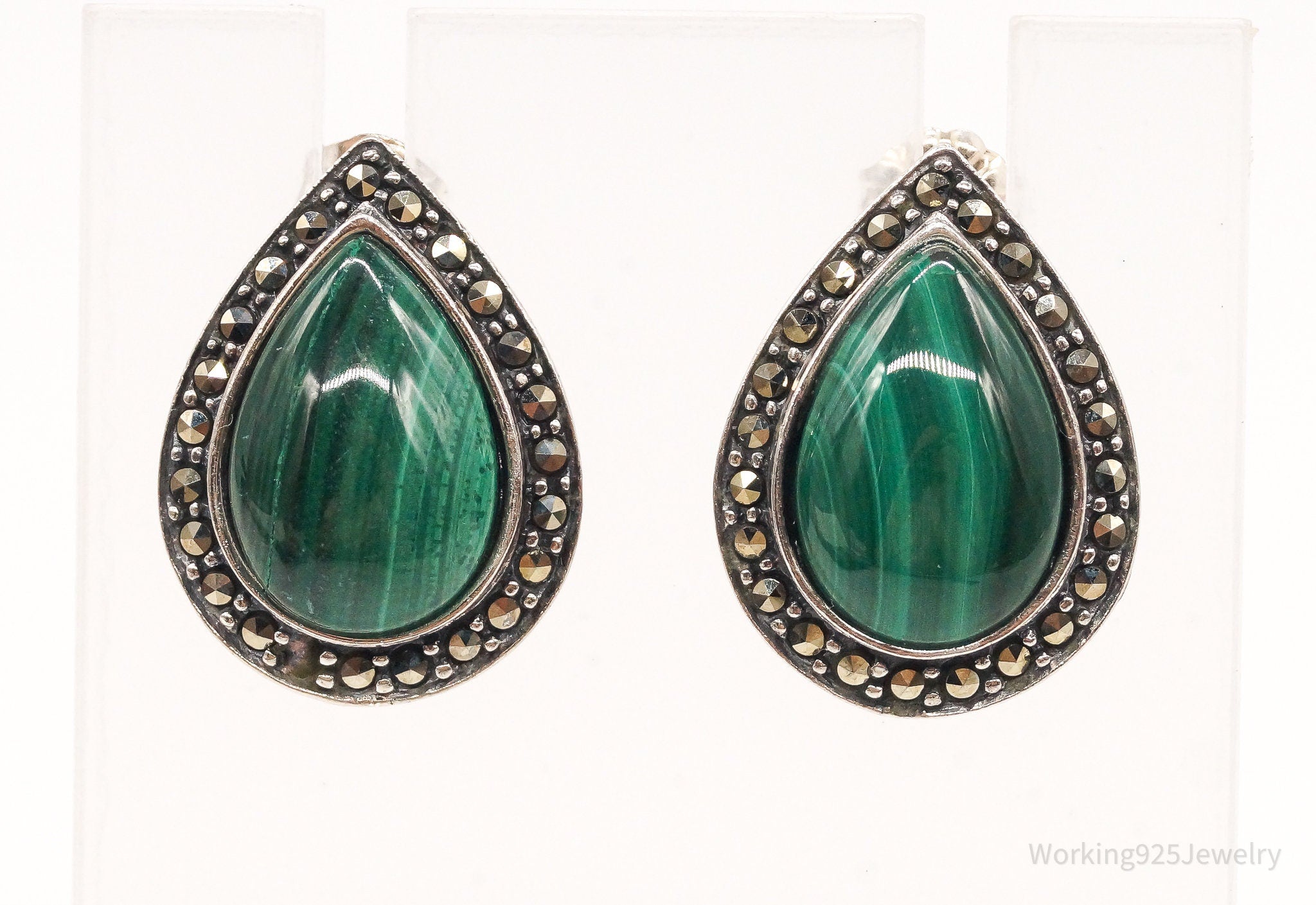 Vintage Designer FAS Malachite Marcasite Sterling Silver Earrings