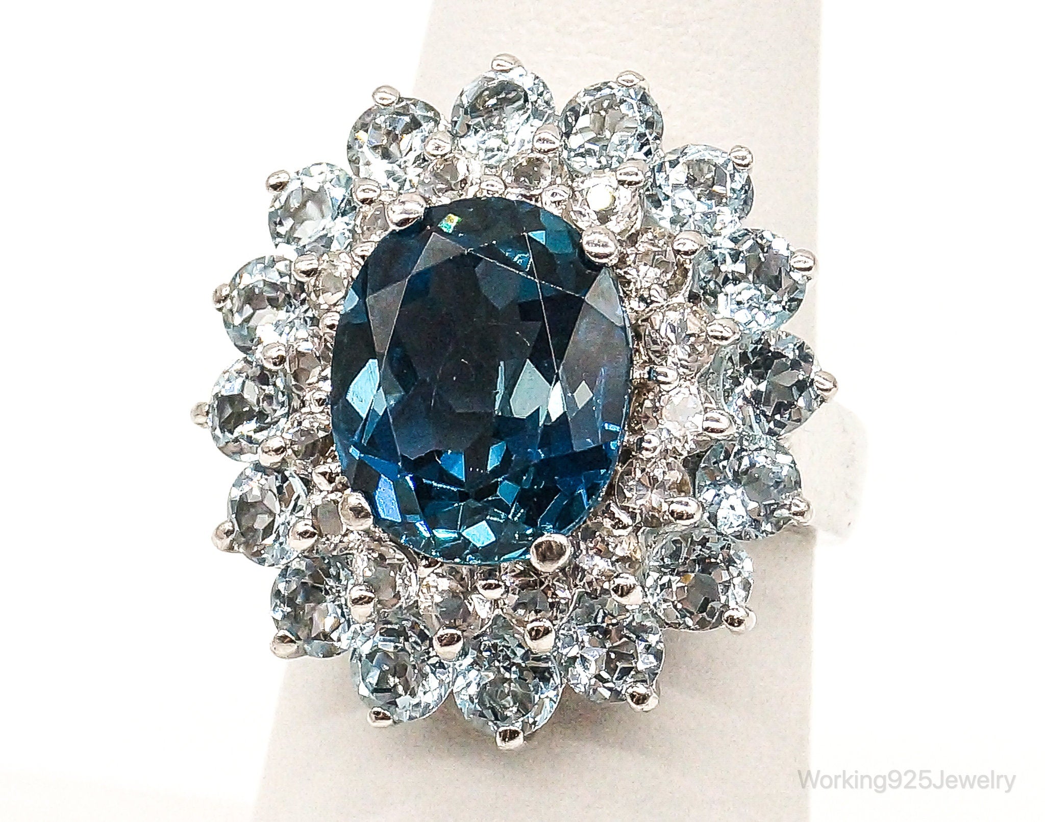 Vintage Large Blue Topaz Cubic Zirconia Sterling Silver Ring - Size 6