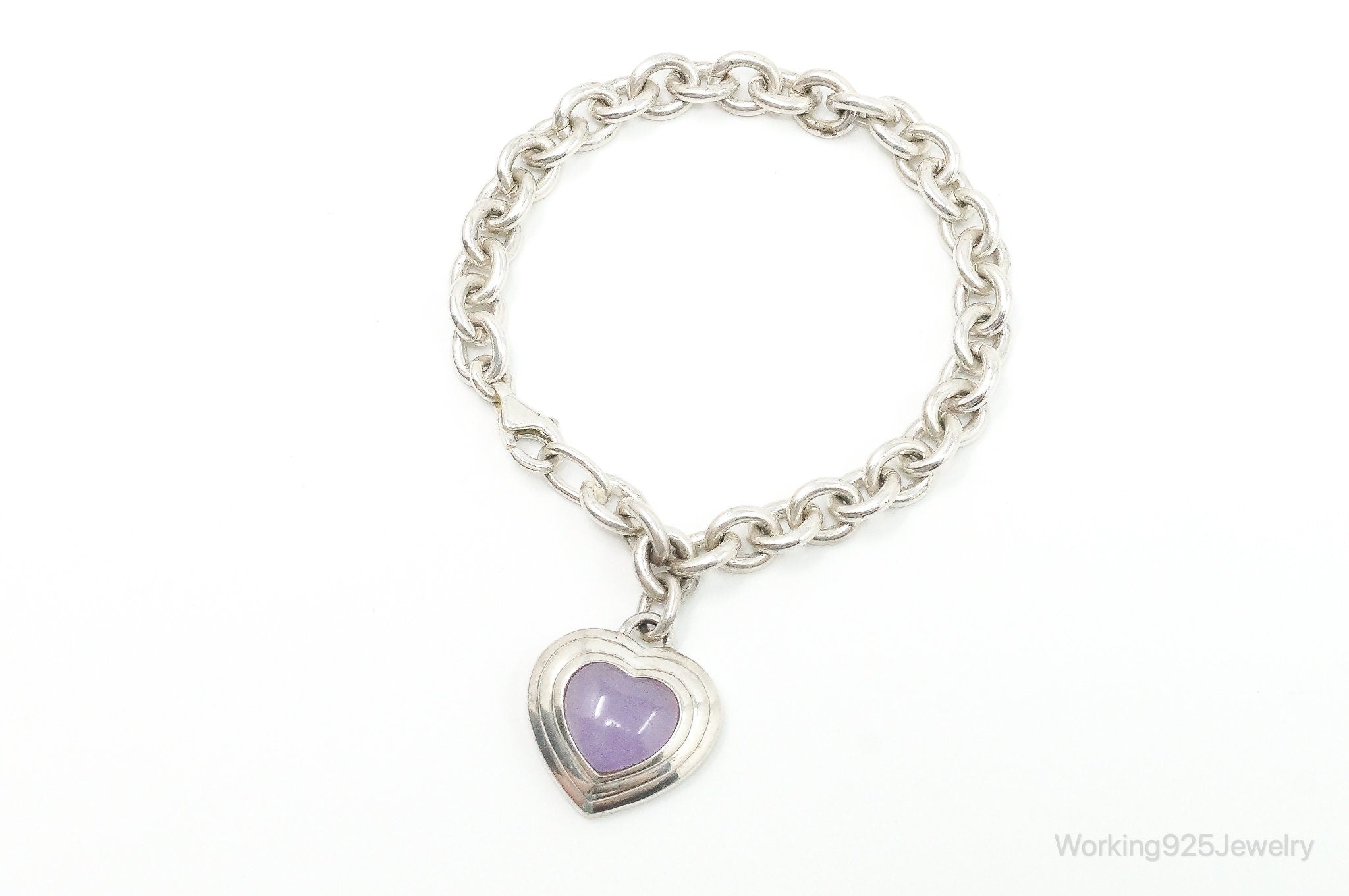 Designer CNA Lavender Jade Heart Chain Link Sterling Silver Bracelet