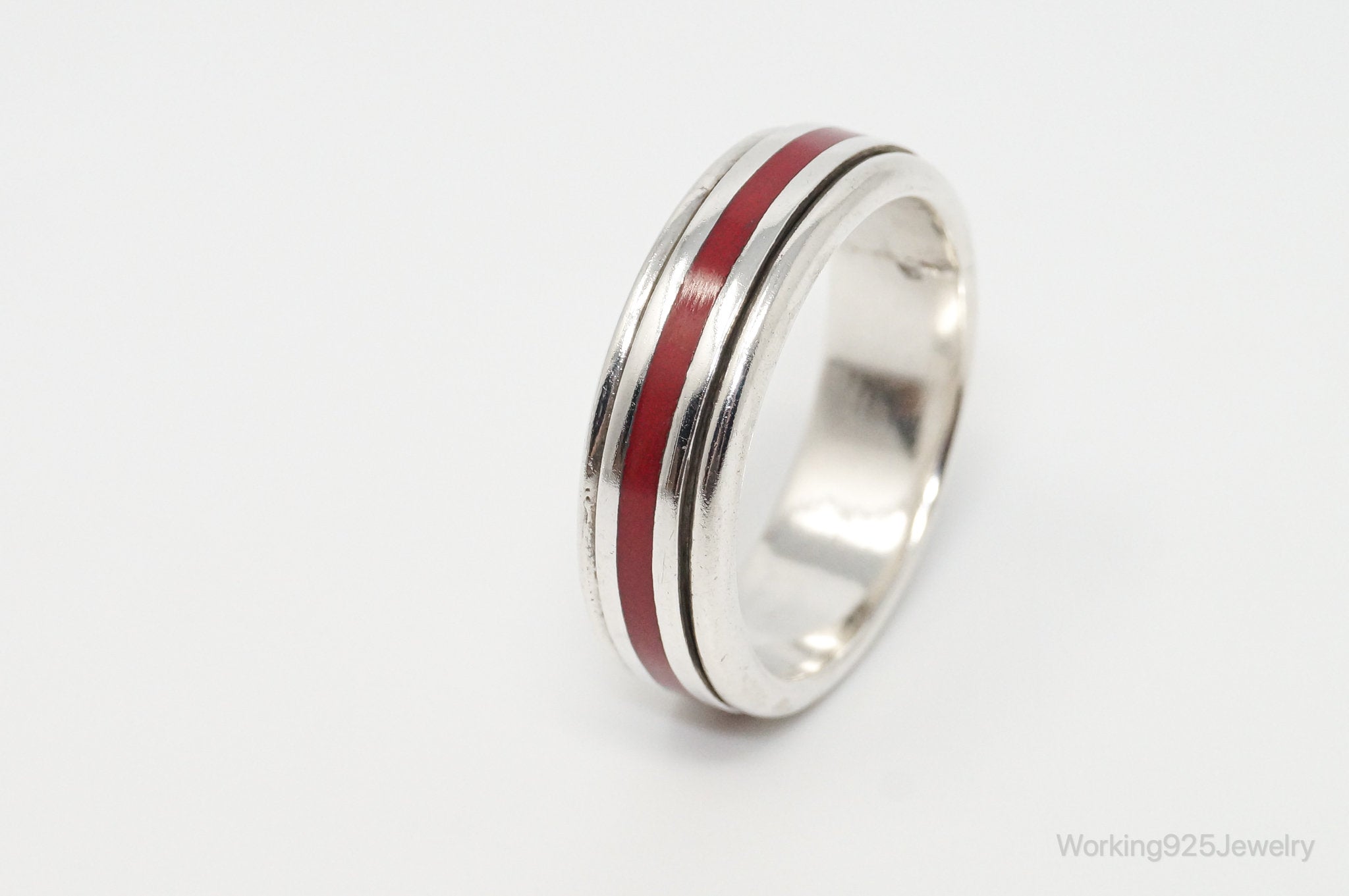 Vintage Red Enamel Modern Sterling Silver Band Spinner Ring - Sz 13.5