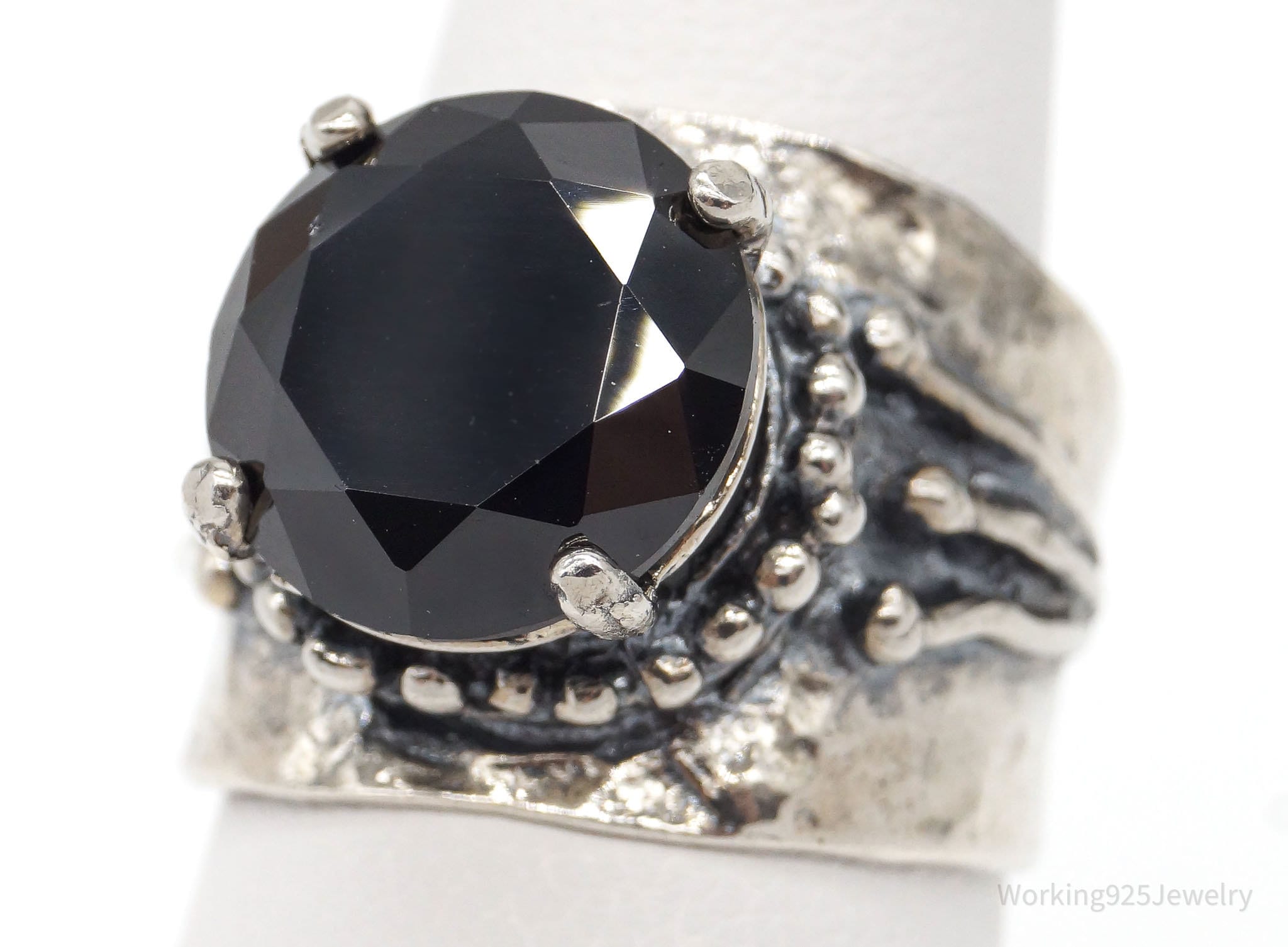 Vintage Black Onyx Brutalist Style Sterling Silver Ring - Size 7.25