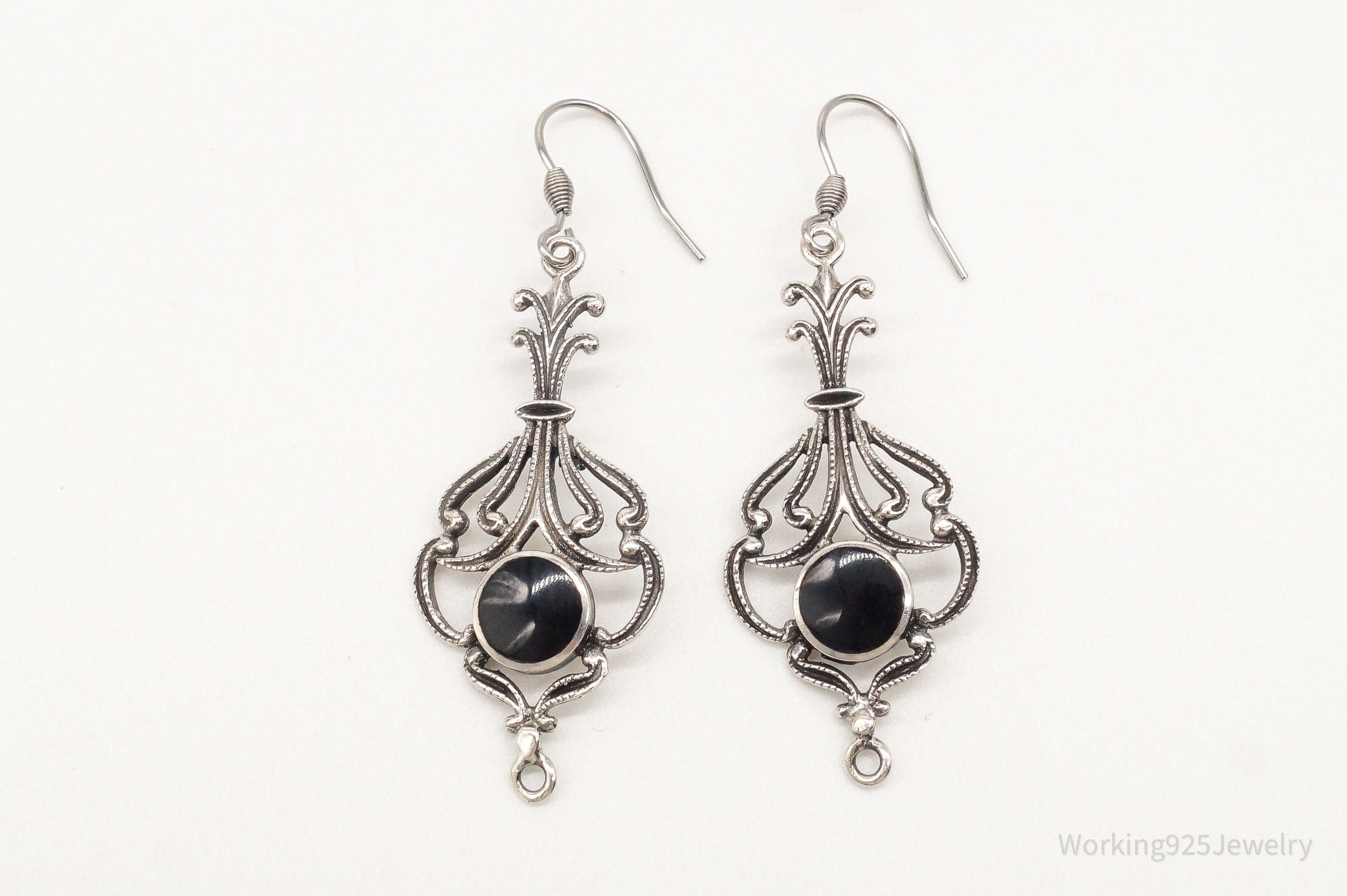 Vintage Black Onyx Openwork Sterling Silver Earrings