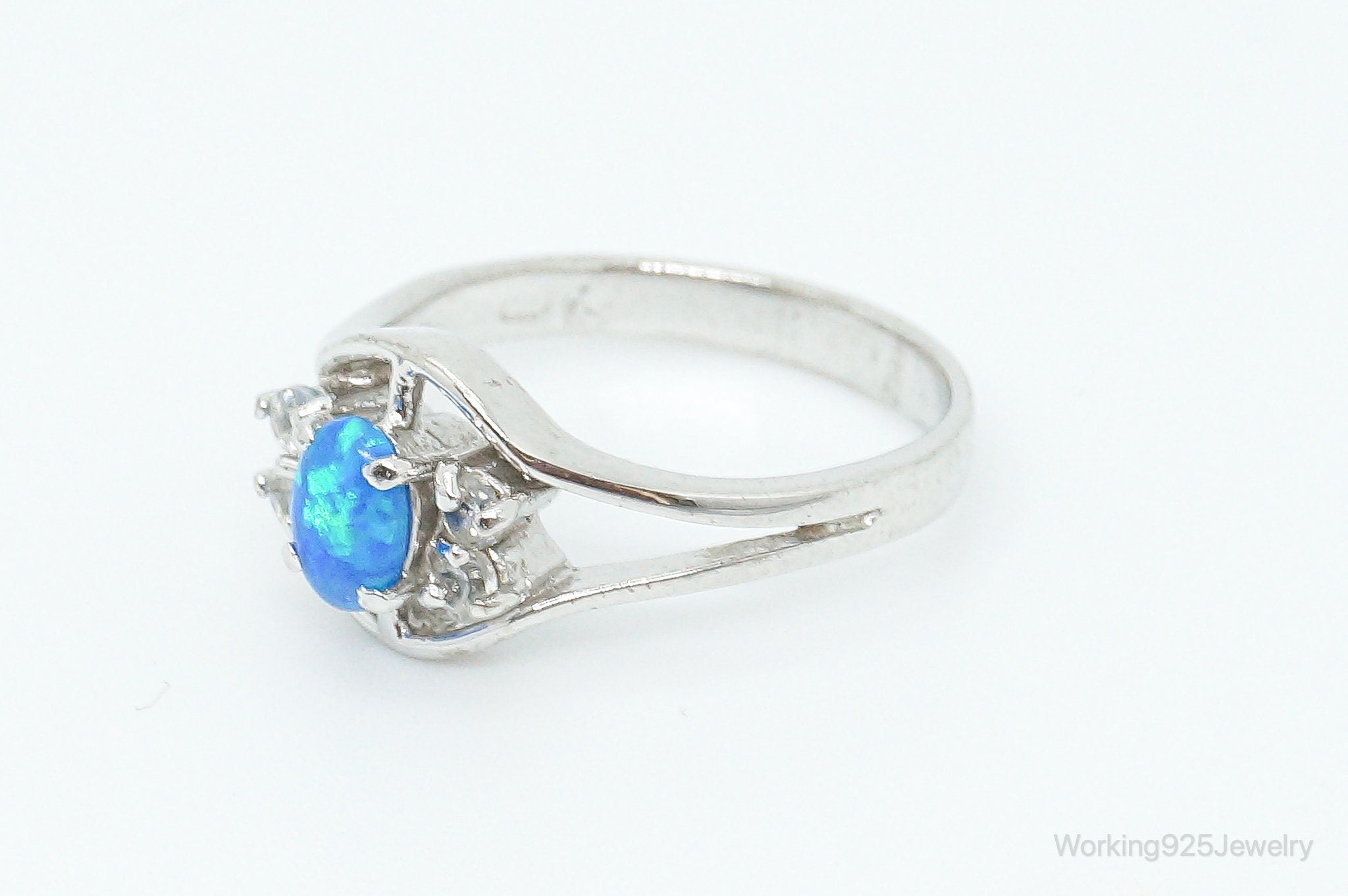 Vintage Blue Opal Cubic Zirconia Sterling Silver Ring - Size 6.5