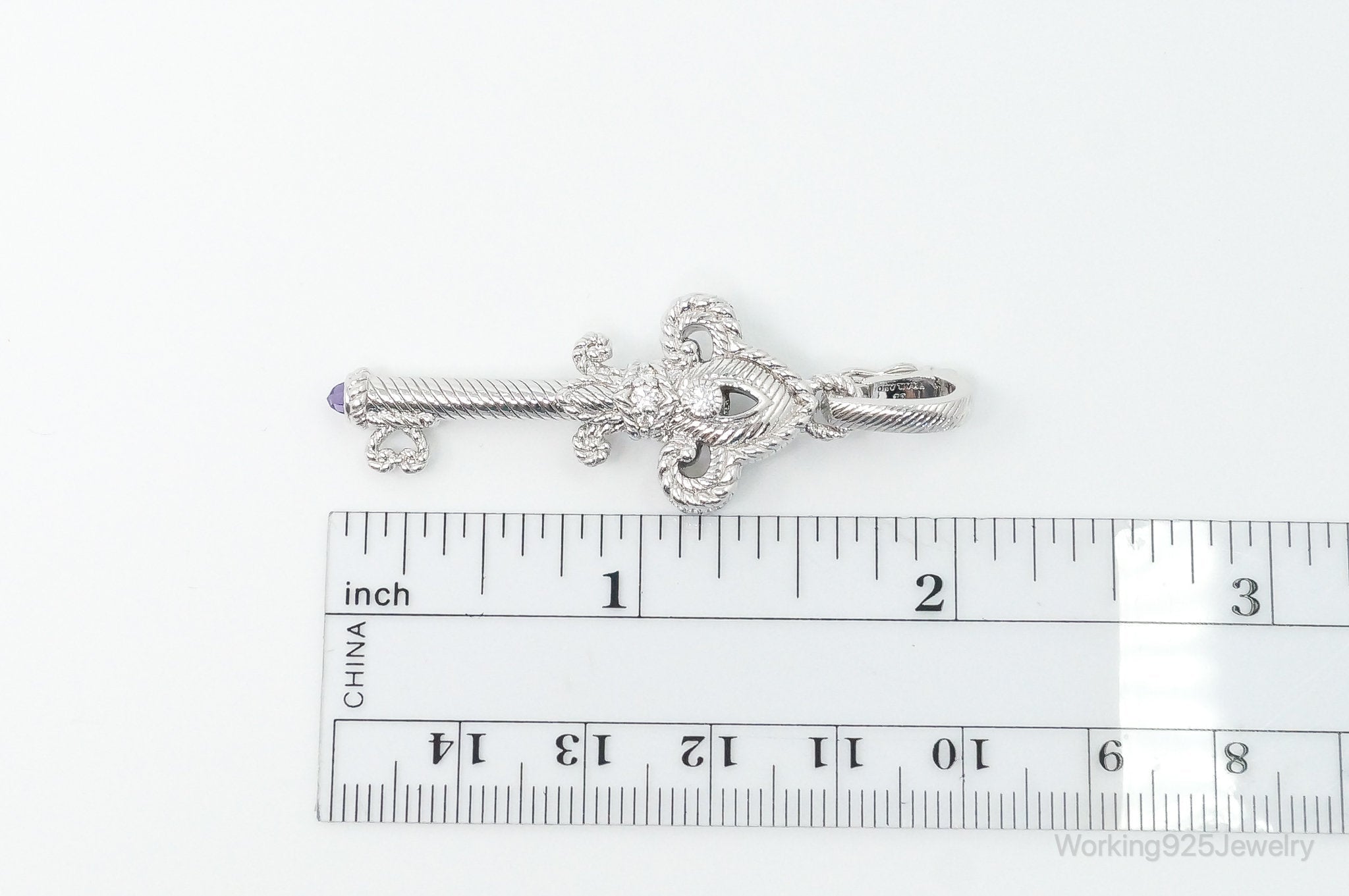 Large Judith Ripka Cubic Zirconia Amethyst Sterling Silver Cable Key Pendant