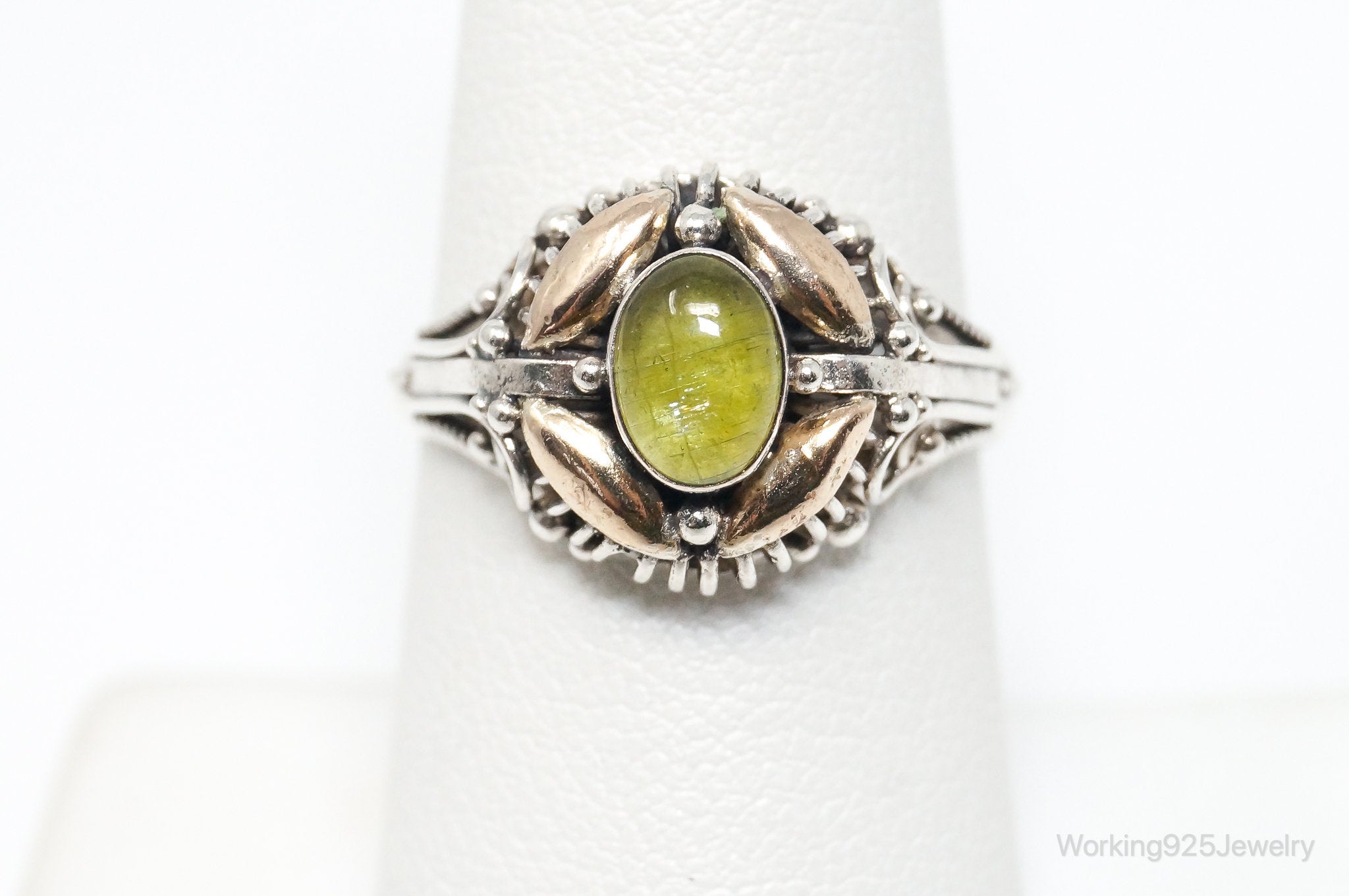 Vintage Bali Style Peridot Brass Sterling Silver Ring - Size 7.75