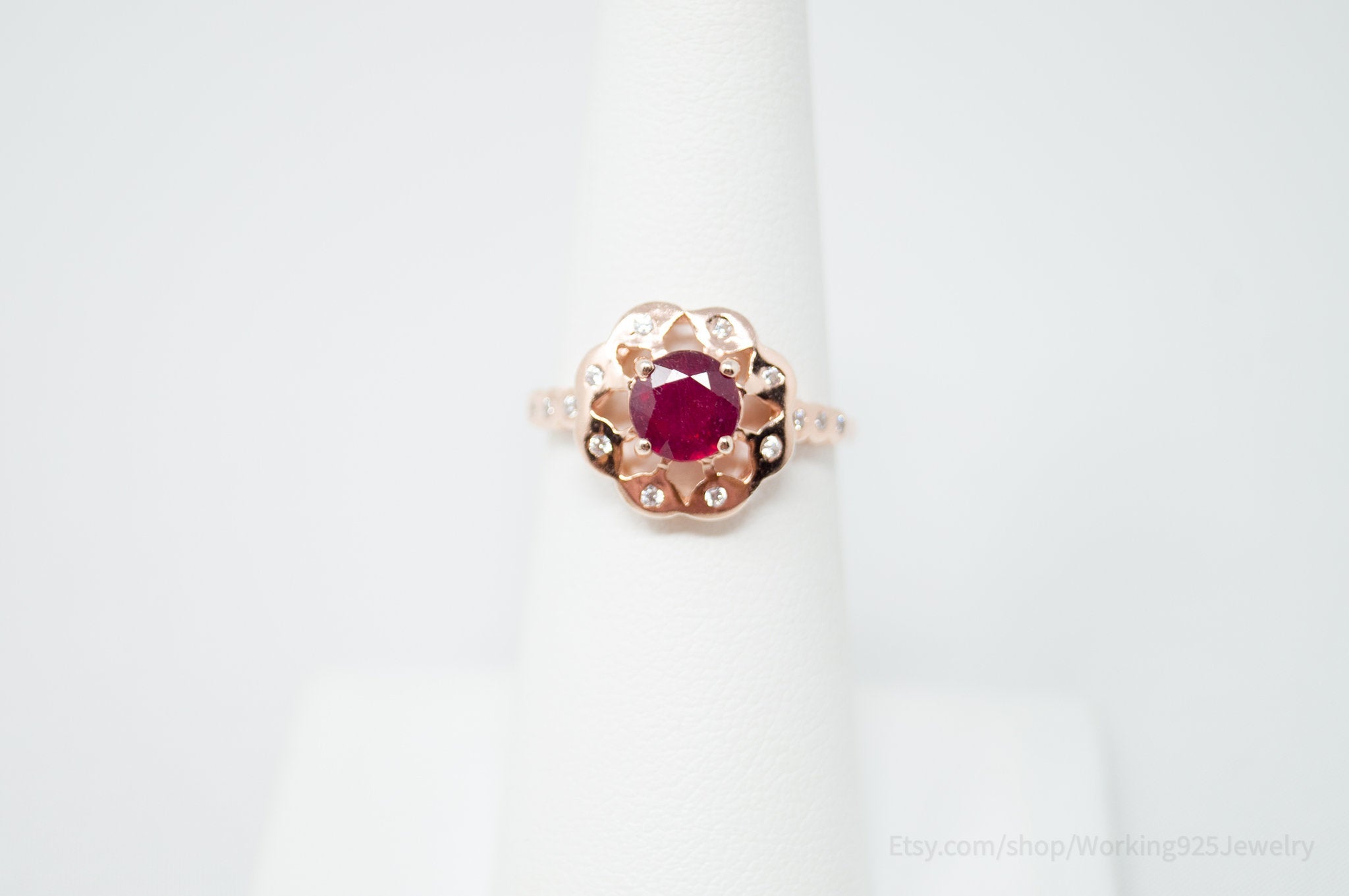 Vintage Deco Style Ruby CZ Rose Gold Vermeil Sterling Silver Ring - Sz 5.75