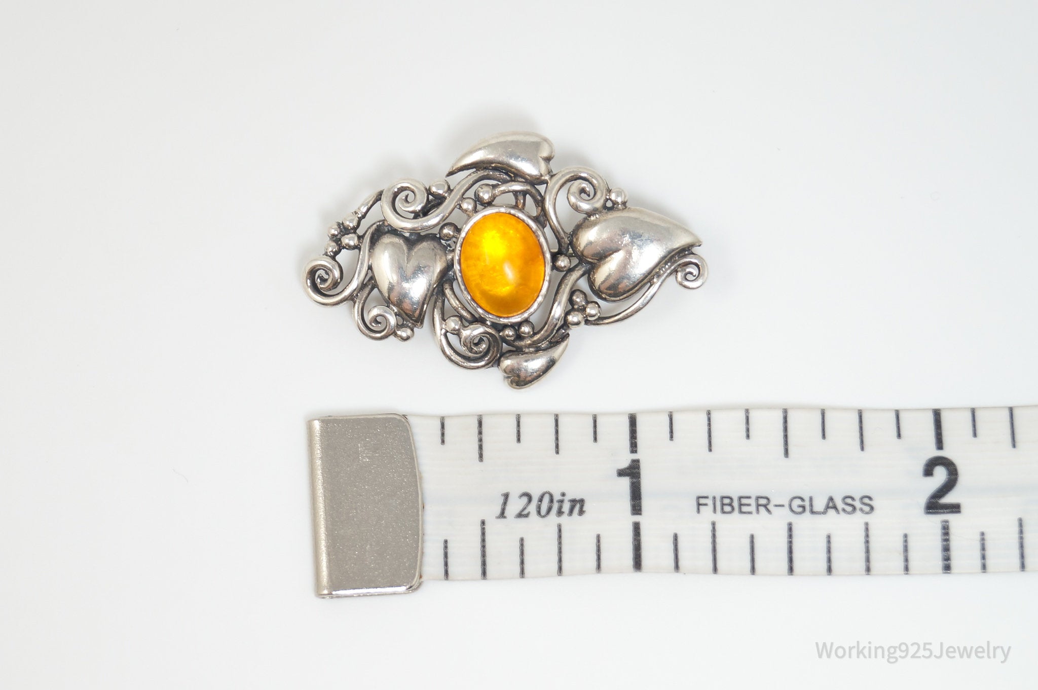 Vintage Designer BOMA Amber Heart Sterling Silver Brooch Pin