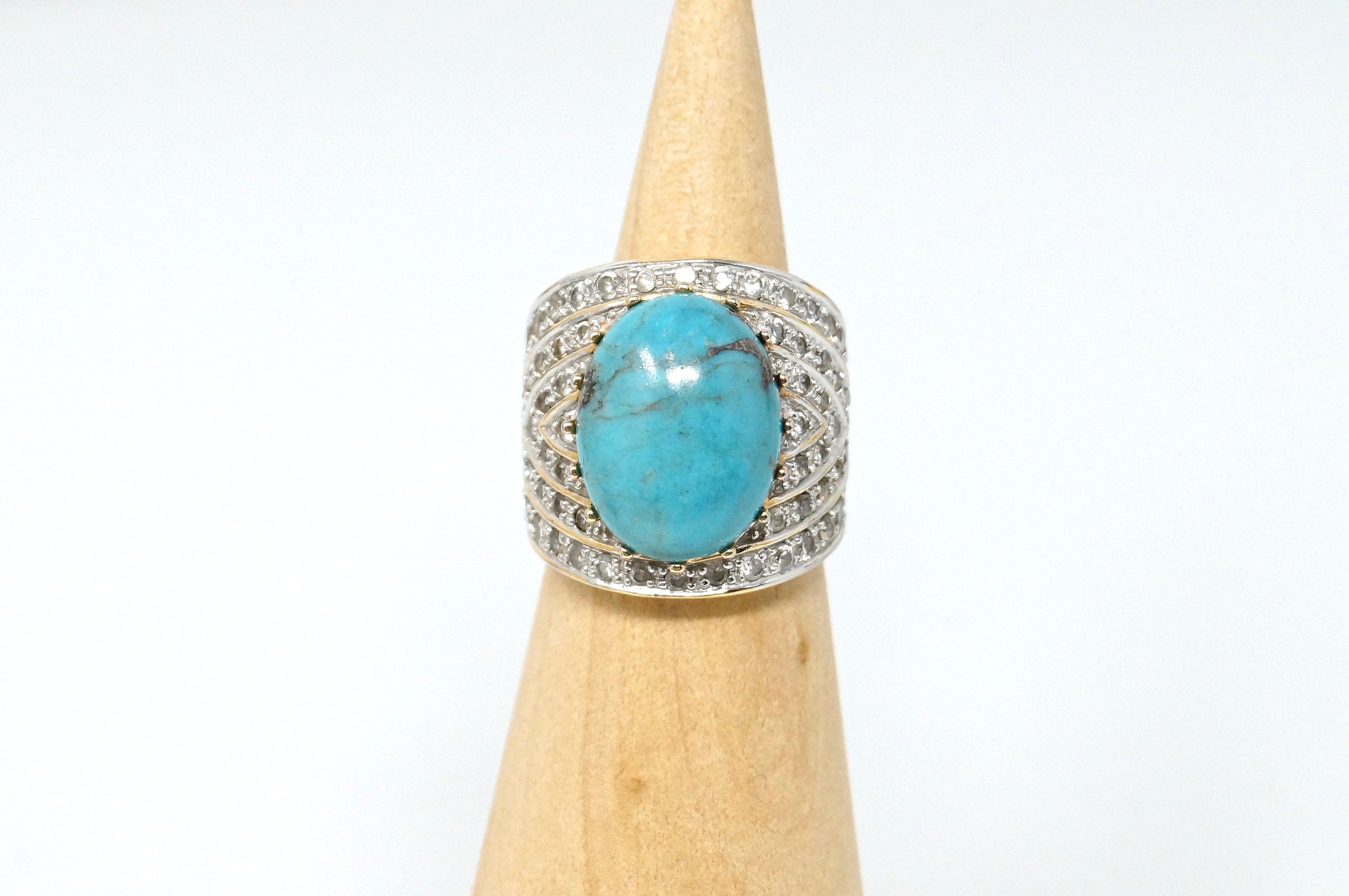 Beautiful Vintage Large Turquoise Cz Gold Vermeil Sterling Silver Ring - Size 6