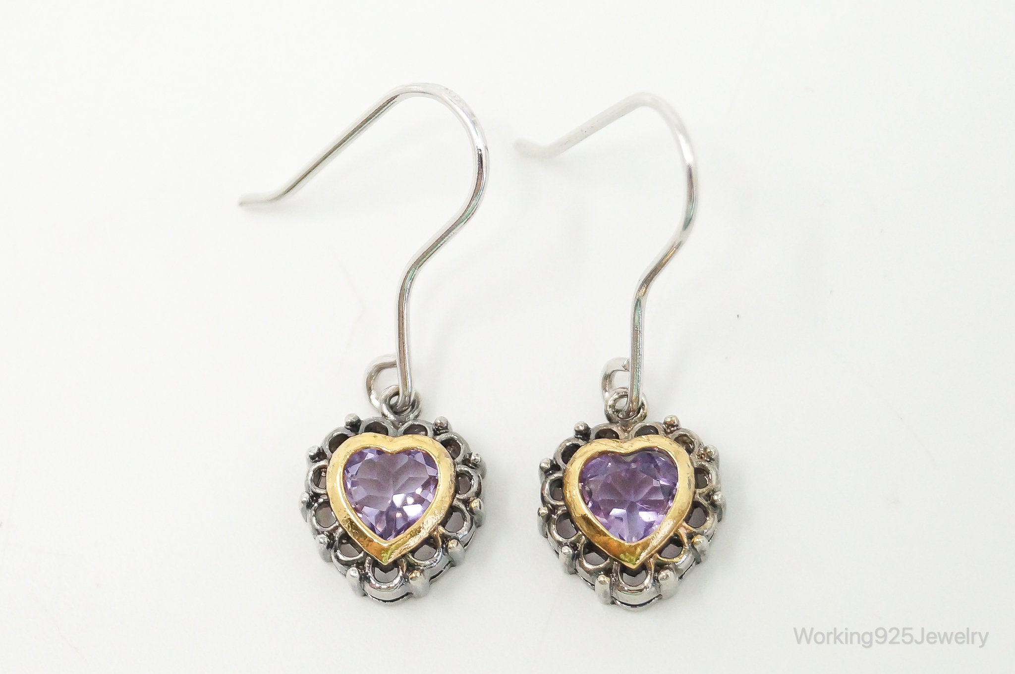 Designer FAS Gold Vermeil Amethyst Hearts Sterling Silver Earrings