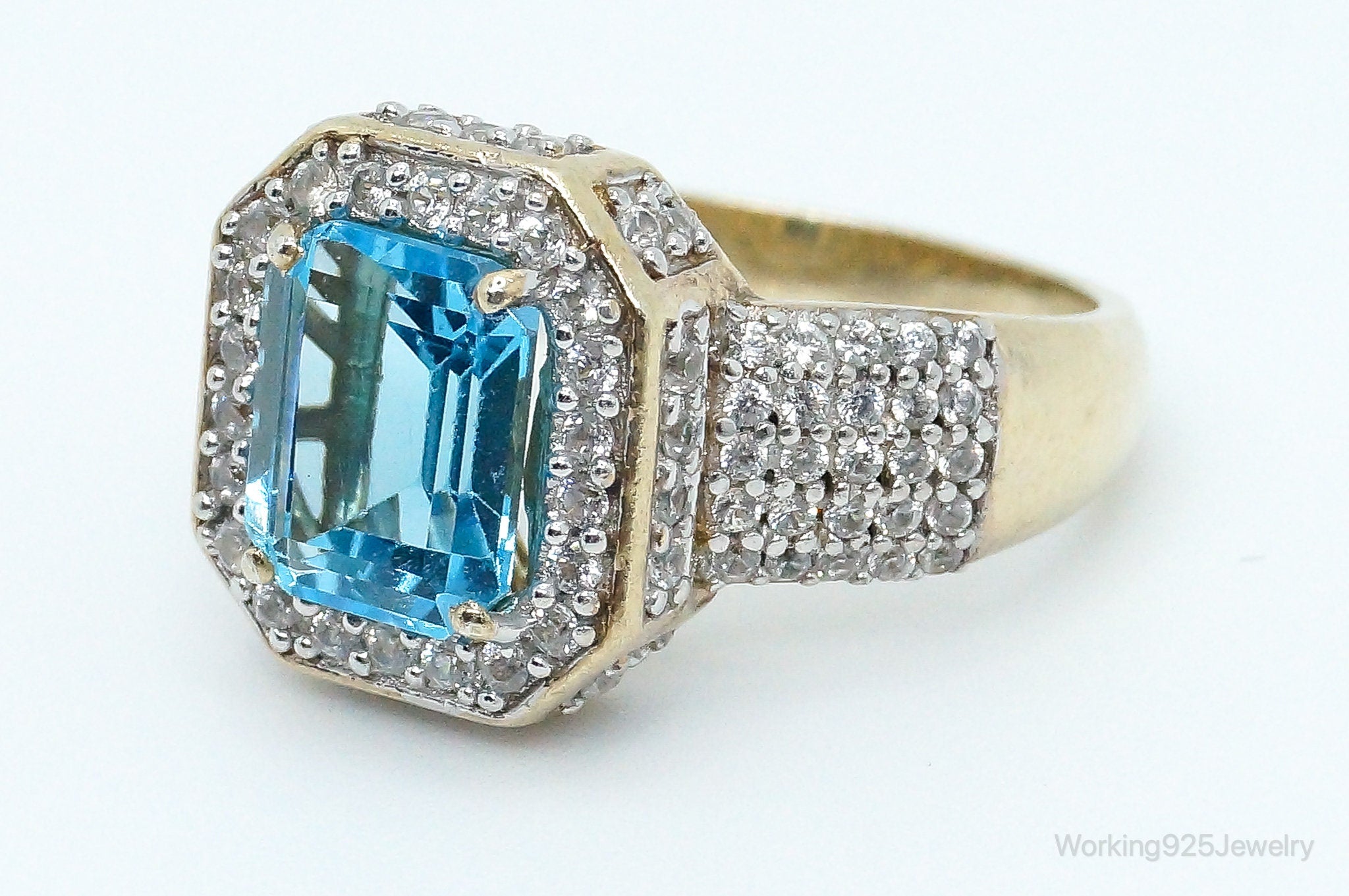 Vintage Blue Topaz Cubic Zirconia Gold Vermeil Sterling Silver Ring - Size 10